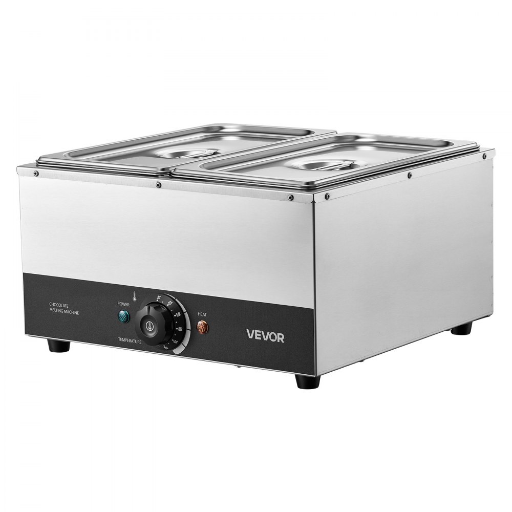 Maszyna do topienia czekolady VEVOR z 2 wyjmowanymi pojemnikami ze stali nierdzewnej, 1,2 kW, do piekarni, cukierni i restauracji, z regulacją temperatury 30–85°C, zabezpieczeniem przed pracą na sucho, maszyna do temperowania czekolady