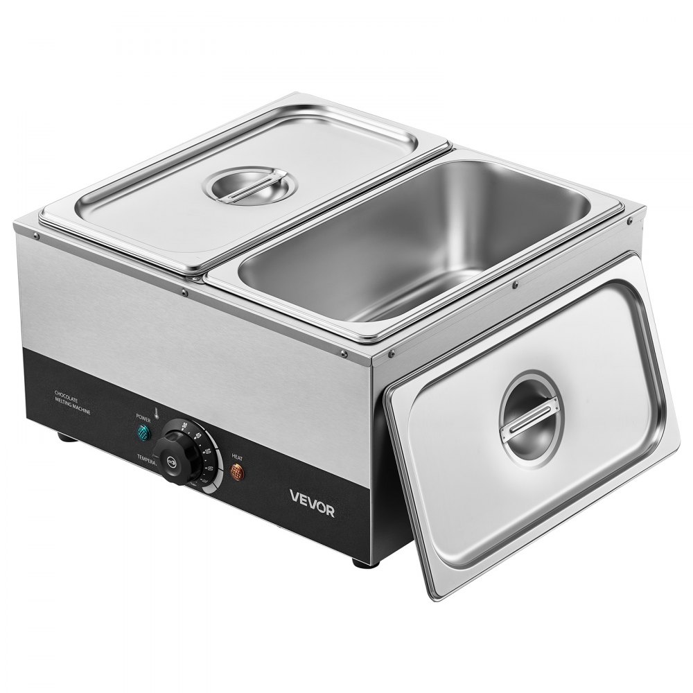 Maszyna do topienia czekolady VEVOR z 2 wyjmowanymi pojemnikami ze stali nierdzewnej, 1,2 kW, do piekarni, cukierni i restauracji, z regulacją temperatury 30–85°C, zabezpieczeniem przed pracą na sucho, maszyna do temperowania czekolady