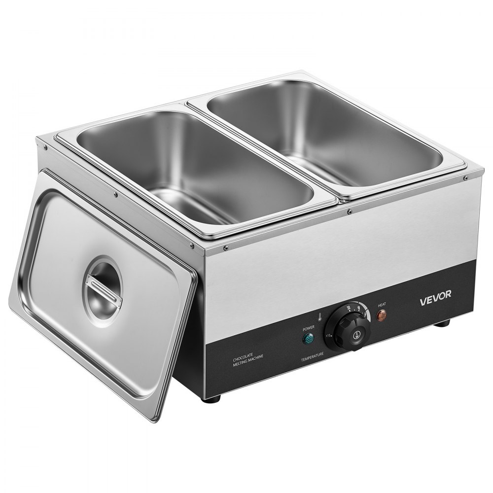 Maszyna do topienia czekolady VEVOR z 2 wyjmowanymi pojemnikami ze stali nierdzewnej, 1,2 kW, do piekarni, cukierni i restauracji, z regulacją temperatury 30–85°C, zabezpieczeniem przed pracą na sucho, maszyna do temperowania czekolady