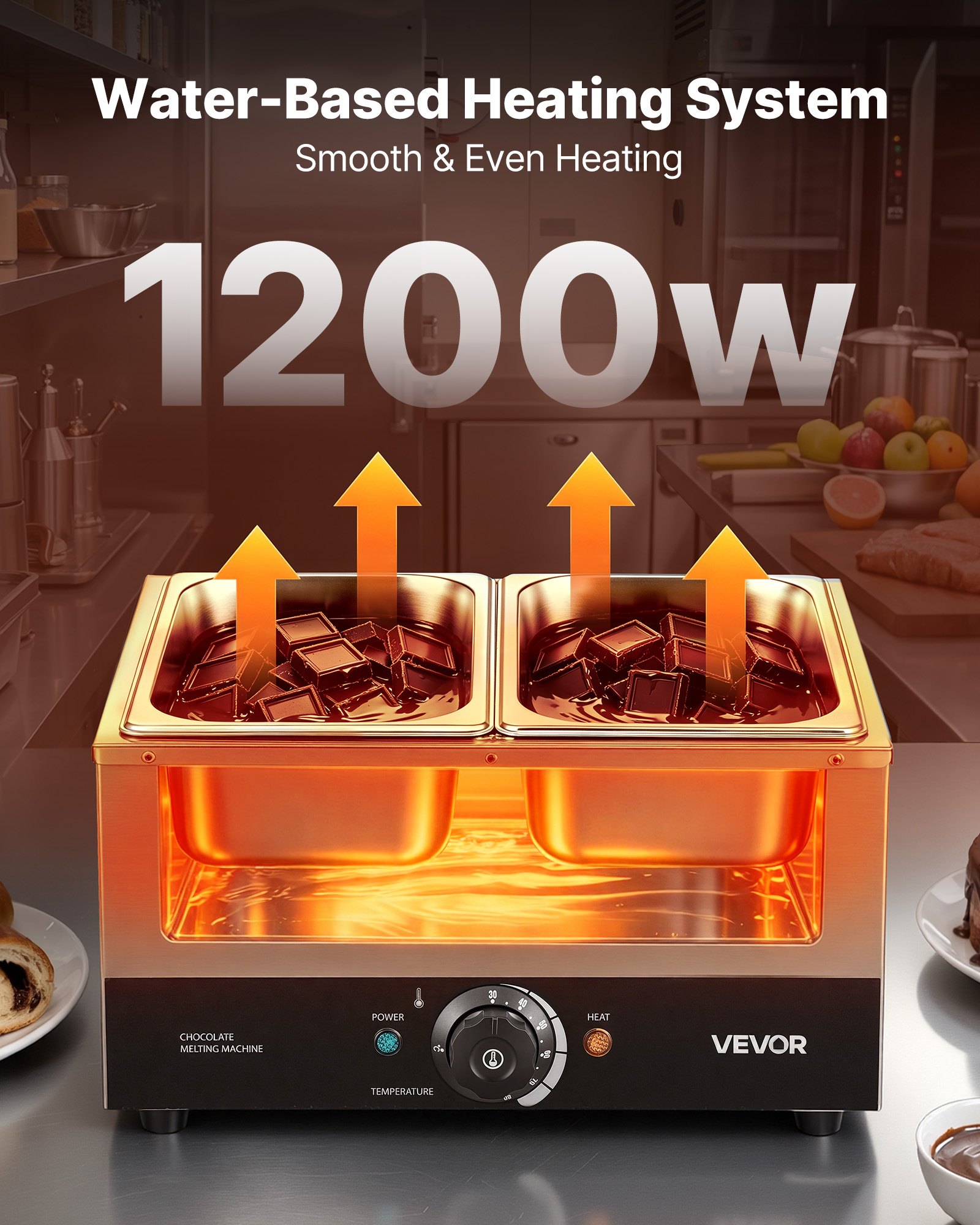 Maszyna do topienia czekolady VEVOR z 2 wyjmowanymi pojemnikami ze stali nierdzewnej, 1,2 kW, do piekarni, cukierni i restauracji, z regulacją temperatury 30–85°C, zabezpieczeniem przed pracą na sucho, maszyna do temperowania czekolady