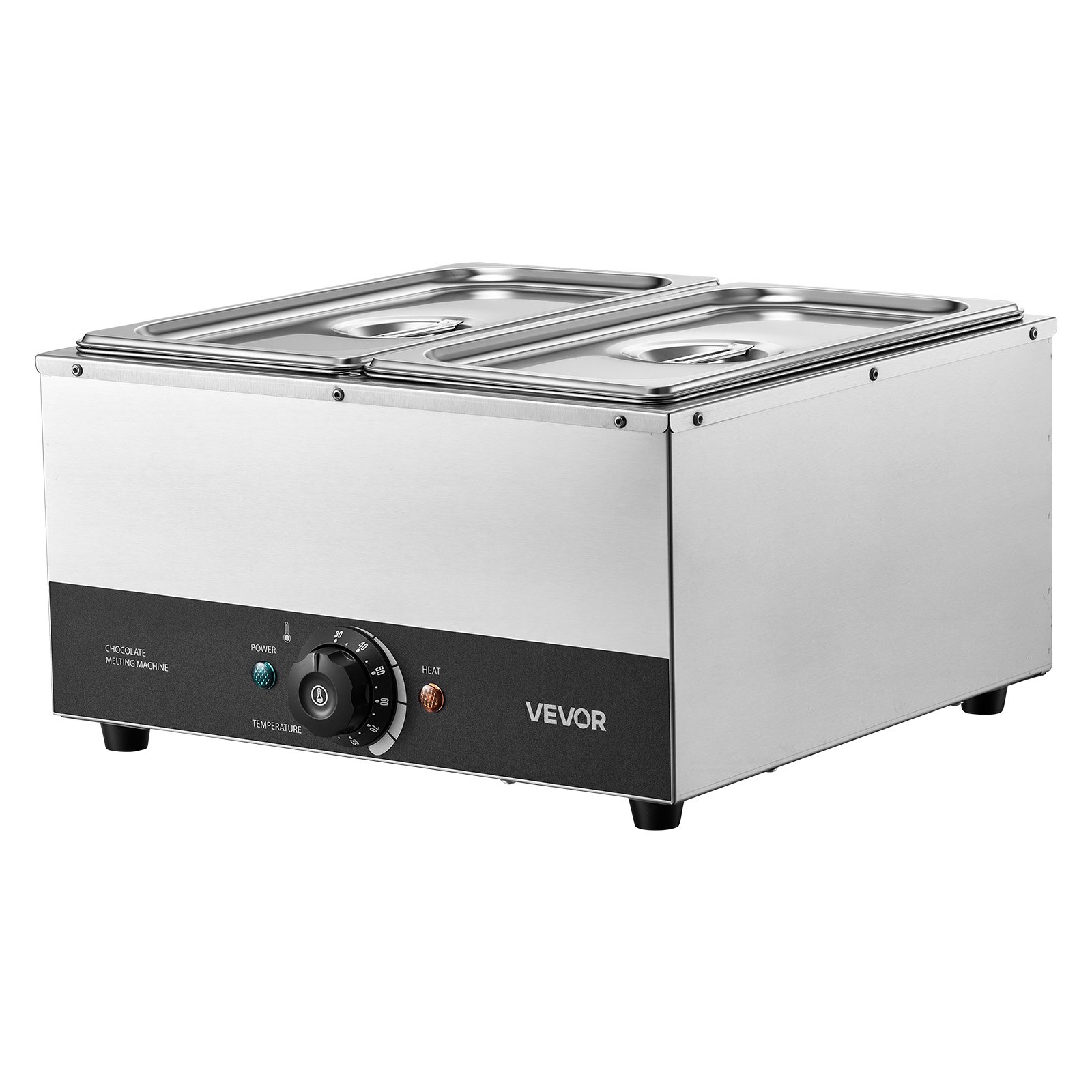 Maszyna do topienia czekolady VEVOR z 2 wyjmowanymi pojemnikami ze stali nierdzewnej, 1,2 kW, do piekarni, cukierni i restauracji, z regulacją temperatury 30–85°C, zabezpieczeniem przed pracą na sucho, maszyna do temperowania czekolady