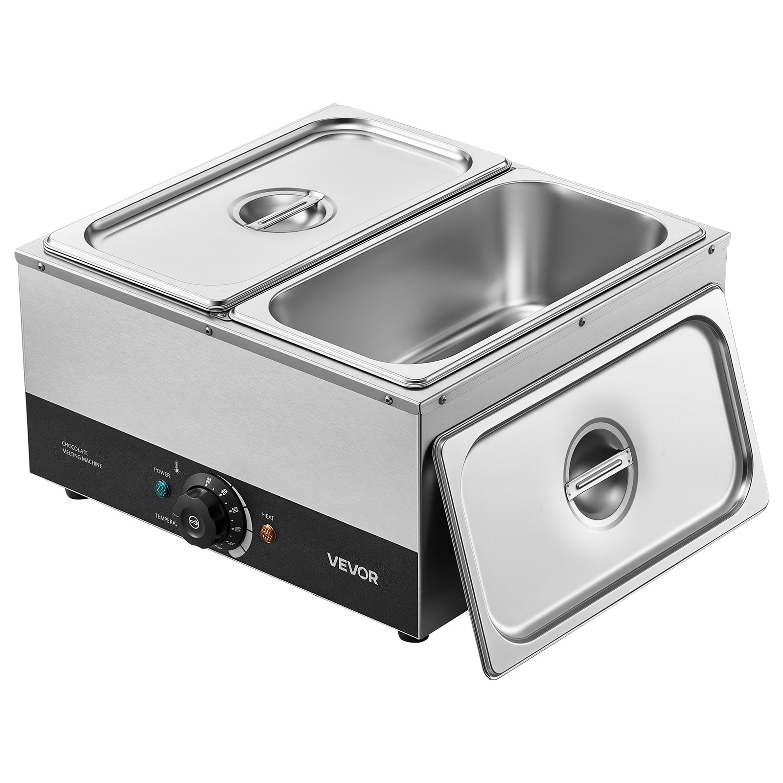 Maszyna do topienia czekolady VEVOR z 2 wyjmowanymi pojemnikami ze stali nierdzewnej, 1,2 kW, do piekarni, cukierni i restauracji, z regulacją temperatury 30–85°C, zabezpieczeniem przed pracą na sucho, maszyna do temperowania czekolady
