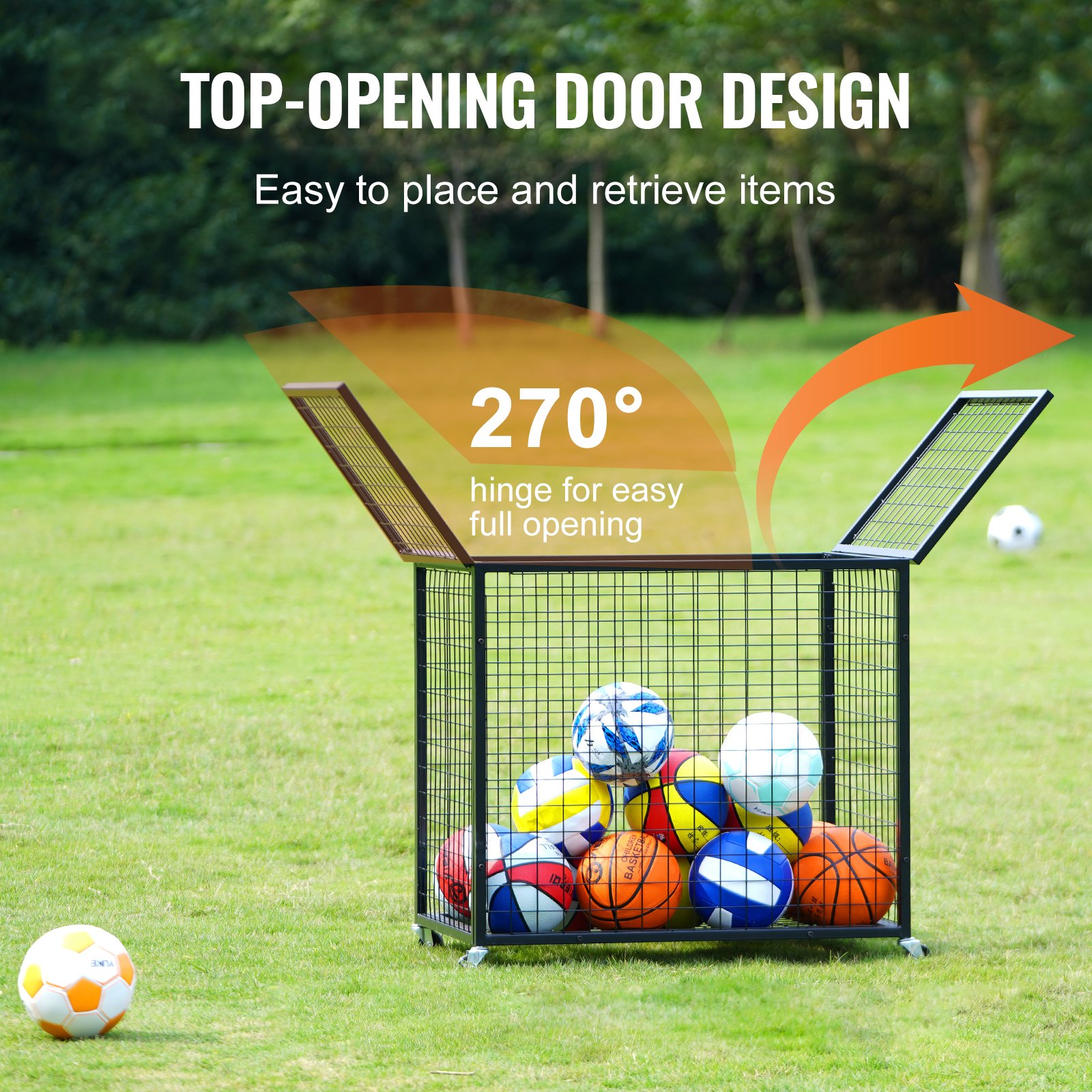 Wózek na piłki VEVOR 850 x 675 x 825 mm, koszyk na piłki sportowe, zamykana klatka do koszykówki, sprzęt sportowy do użytku wewnątrz i na zewnątrz, stalowy wózek do przechowywania na kółkach do garażu