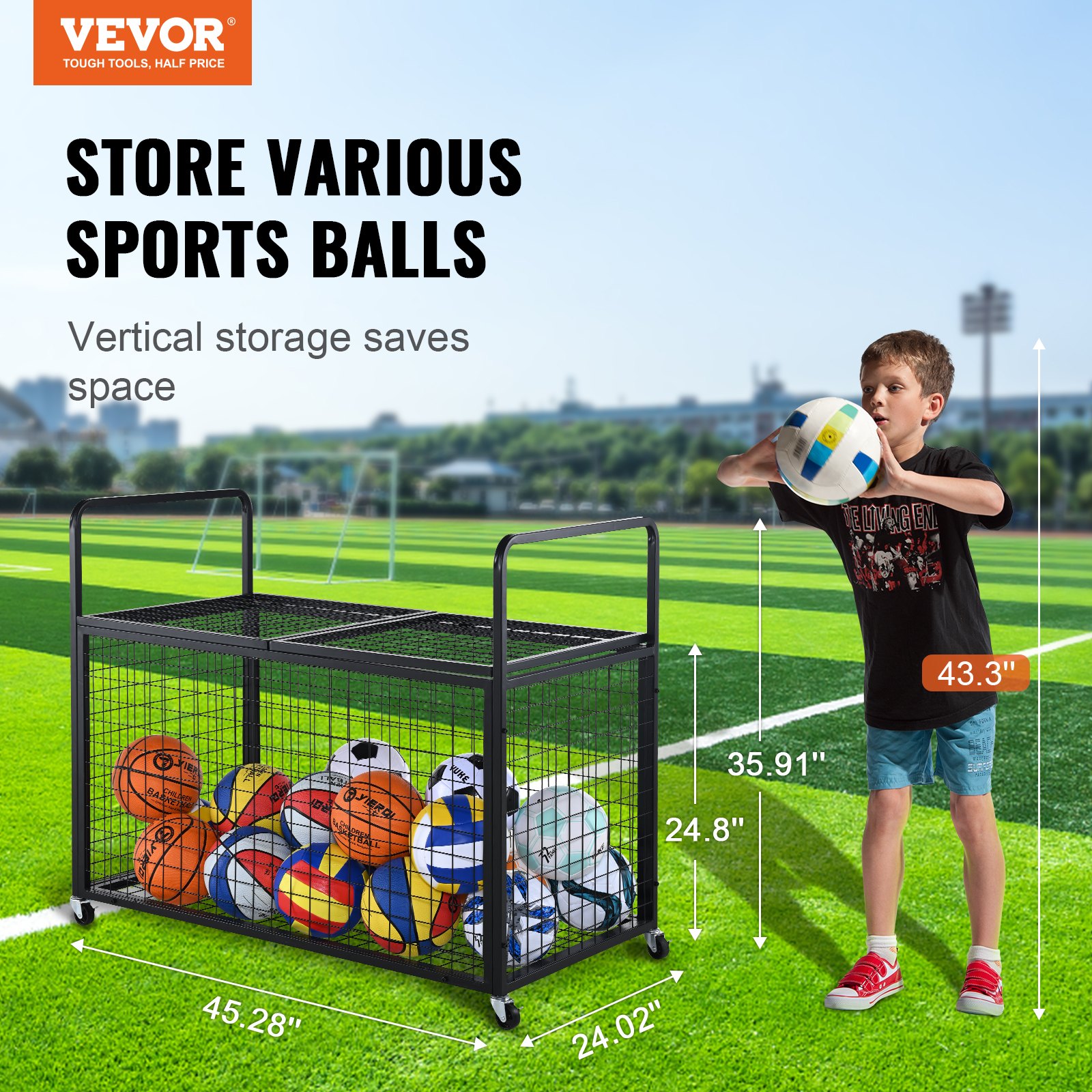 Wózek na piłki VEVOR 1150 x 610 x 912 mm, koszyk na piłki sportowe, zamykana klatka do koszykówki, sprzęt sportowy do użytku wewnątrz i na zewnątrz, stalowy wózek do przechowywania na kółkach do garażu