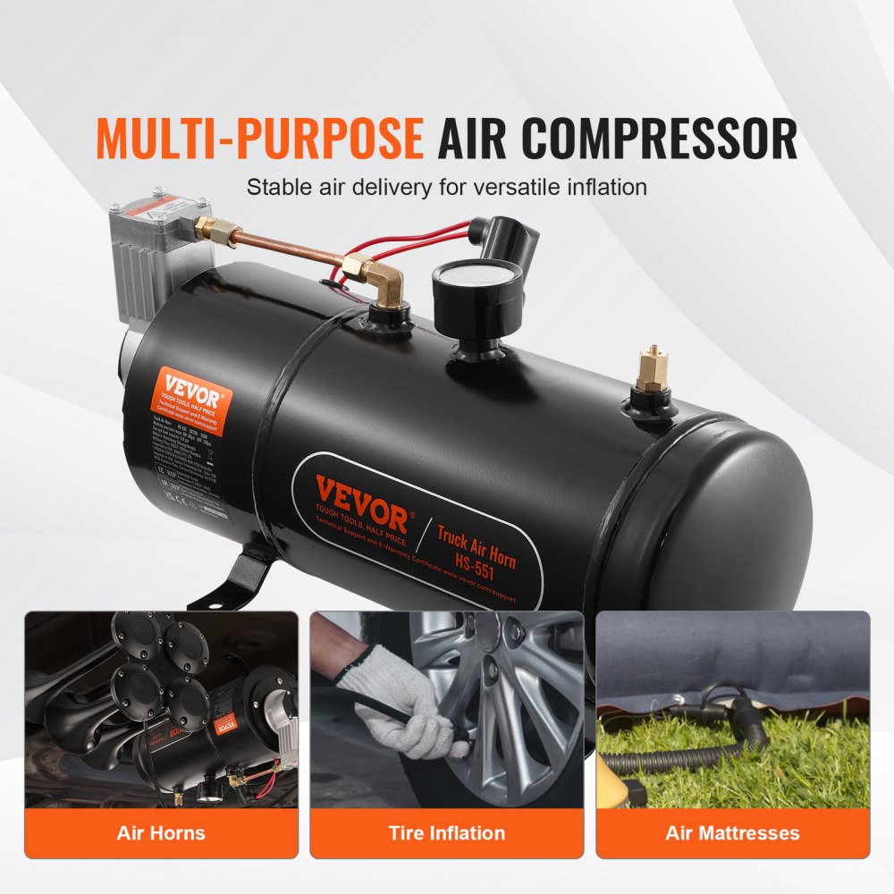 Zestaw kompresora powietrza VEVOR 12 V ze zbiornikiem 3 l, zestaw kompresora powietrza do klaksonów pociągowych, ciśnienie robocze 90–120 psi, zintegrowany system kompresora powietrza do klaksonów pociągowych, pompowania opon, ciężarówek, SUV-ów itp. Czarny