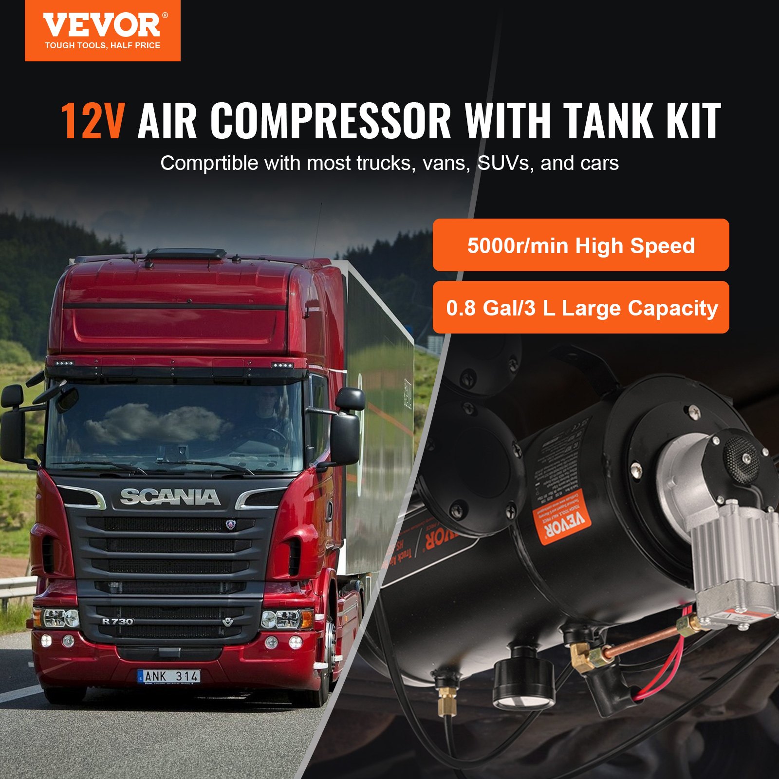 Zestaw kompresora powietrza VEVOR 12 V ze zbiornikiem 3 l, zestaw kompresora powietrza do klaksonów pociągowych, ciśnienie robocze 90–120 psi, zintegrowany system kompresora powietrza do klaksonów pociągowych, pompowania opon, ciężarówek, SUV-ów itp. Czarny