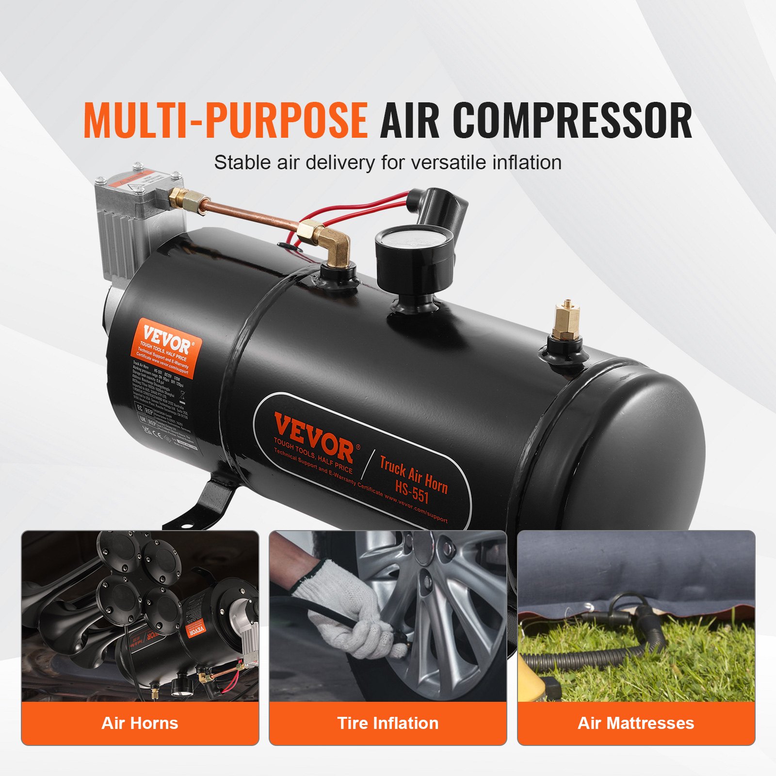 Zestaw kompresora powietrza VEVOR 12 V ze zbiornikiem 3 l, zestaw kompresora powietrza do klaksonów pociągowych, ciśnienie robocze 90–120 psi, zintegrowany system kompresora powietrza do klaksonów pociągowych, pompowania opon, ciężarówek, SUV-ów itp. Czarny