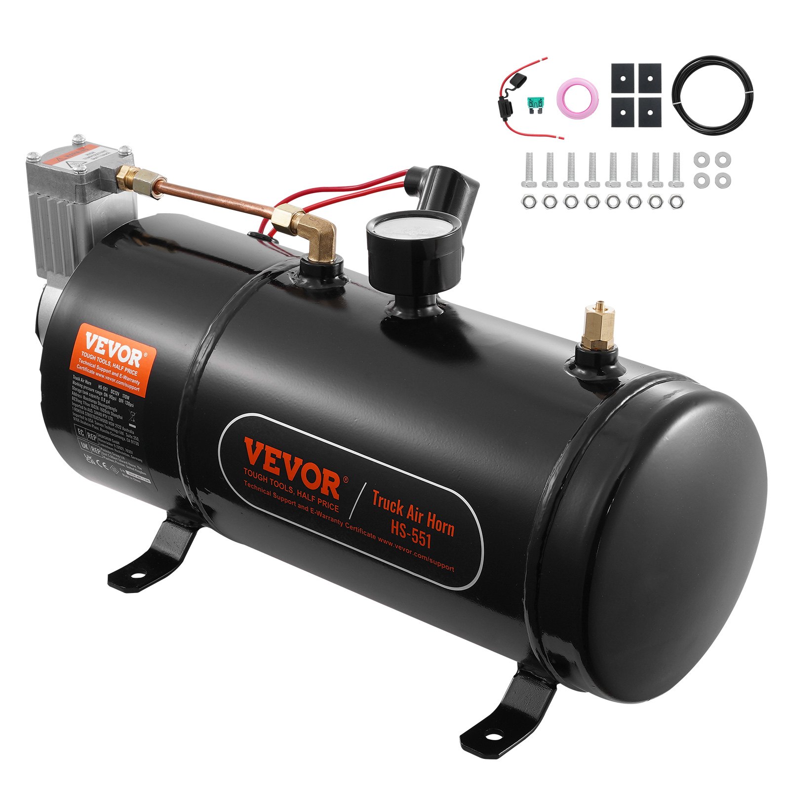 Zestaw kompresora powietrza VEVOR 12 V ze zbiornikiem 3 l, zestaw kompresora powietrza do klaksonów pociągowych, ciśnienie robocze 90–120 psi, zintegrowany system kompresora powietrza do klaksonów pociągowych, pompowania opon, ciężarówek, SUV-ów itp. Czarny