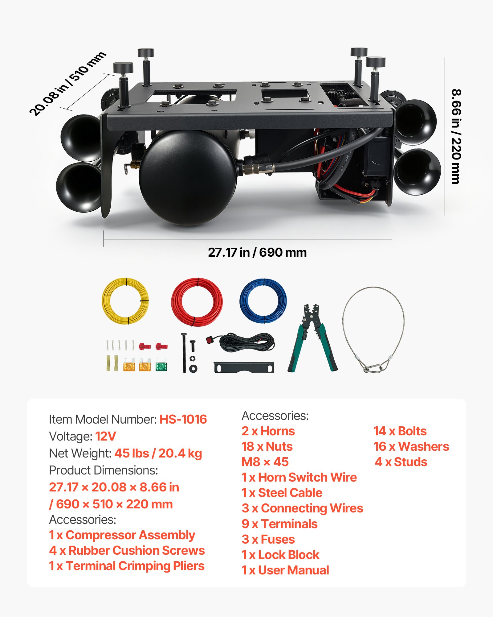 Klakson pneumatyczny VEVOR 150 dB 12 V 250 W z kompresorem i 4 lejkami do ostrzegania przed nadjeżdżającym ruchem, złą pogodą i ostrymi zakrętami, ze zbiornikiem 10 l, manometrem, dużym prześwitem i niskoprofilową konstrukcją