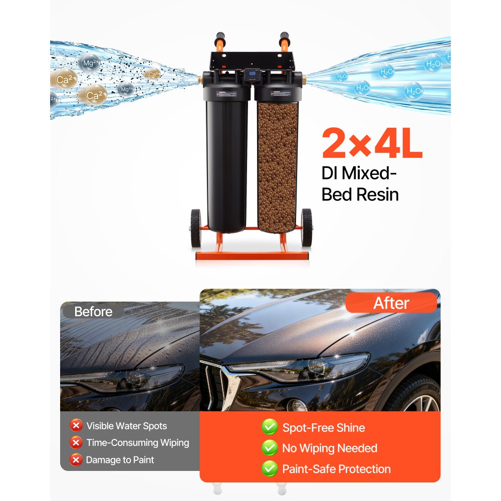 VEVOR System wody dejonizowanej do myjni samochodowej 1250 l, Dejonizator wody do myjni samochodowej z dwoma wkładami filtracyjnymi z żywicy mieszanej DI o pojemności 4 l, Dejonizowany system myjni samochodowej z rolkami i miernikiem TDS do pojazdów