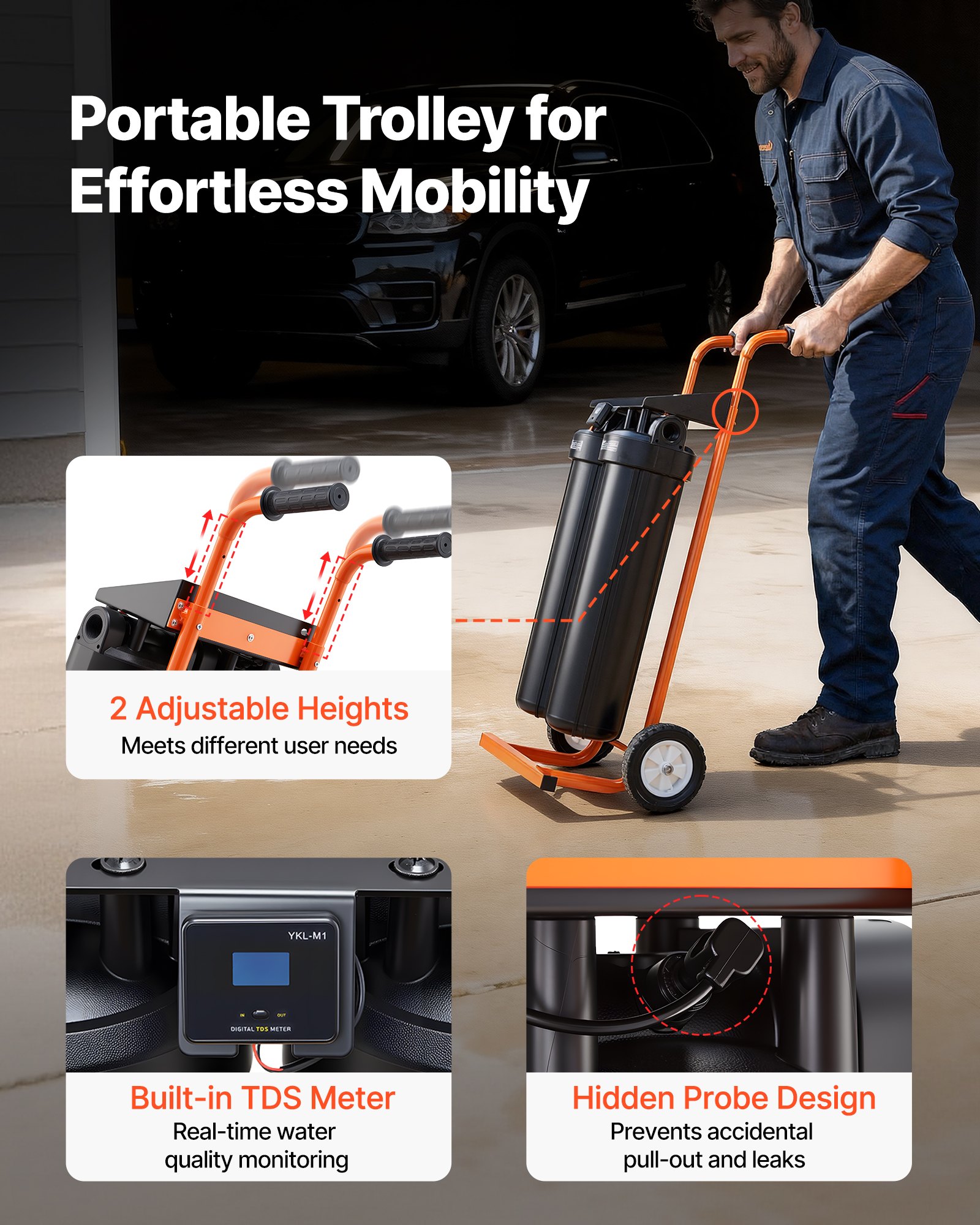 VEVOR System wody dejonizowanej do myjni samochodowej 1250 l, Dejonizator wody do myjni samochodowej z dwoma wkładami filtracyjnymi z żywicy mieszanej DI o pojemności 4 l, Dejonizowany system myjni samochodowej z rolkami i miernikiem TDS do pojazdów