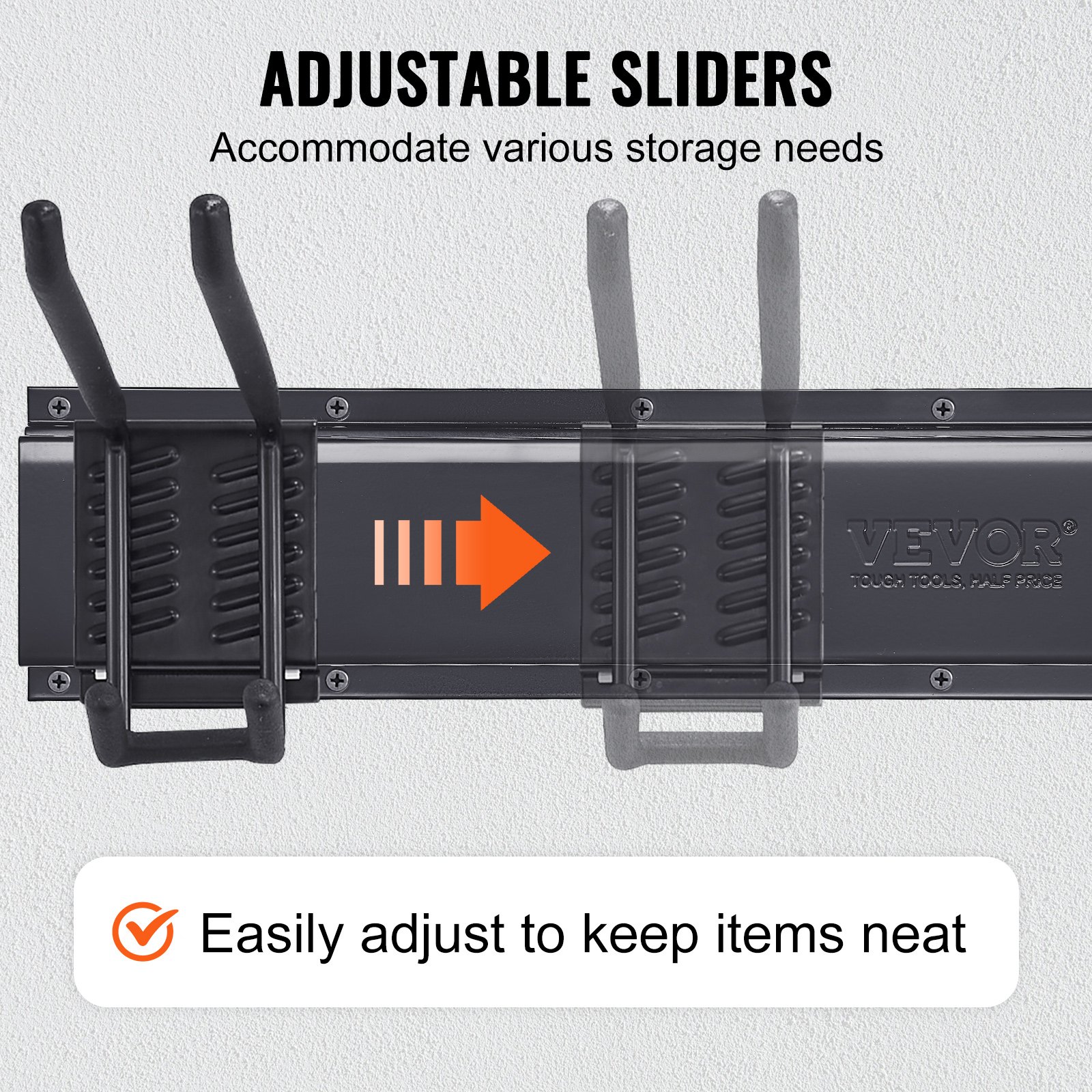 VEVOR Organizer na narzędzia garażowe, maksymalna ładowność 800 funtów, montaż ścienny, organizacja na podwórku, wytrzymały, z 6 regulowanymi haczykami i 3 szynami, f<s:1> narzędzie ogrodowe r
