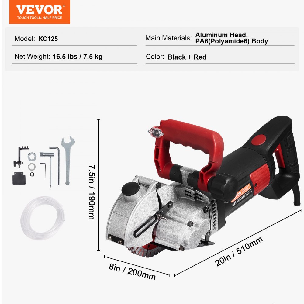 Frezarka do rowków ściennych VEVOR 4800 W, frezarka do ścian 6500 obr./min, frezarka do ścian o głębokości 34 mm i szerokości 38 mm, elektryczna frezarka do rowków 54 x 20 x 24 cm, średnica brzeszczotu φ125 mm