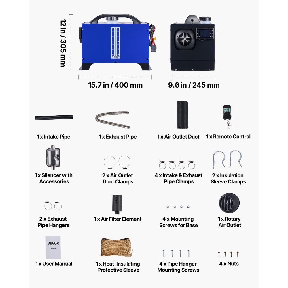 VEVOR Nagrzewnica powietrza na olej napędowy 12-24V 8KW Przenośna nagrzewnica postojowa z pilotem, ekranem LCD i uchwytem, ​​niski poziom hałasu, zbiornik paliwa 5 l do ciężarówek, kamperów, SUV-ów i ciągników