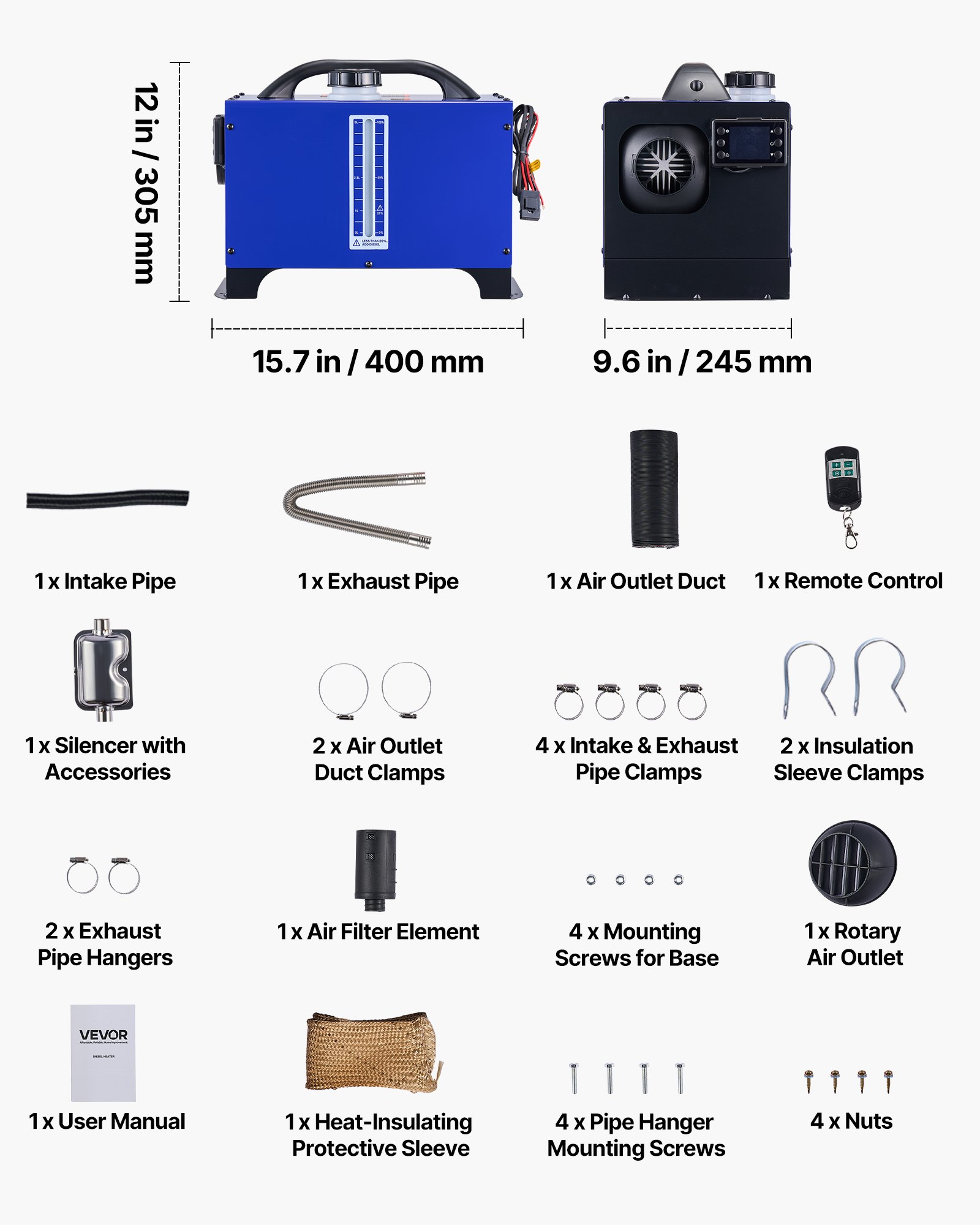 VEVOR Nagrzewnica powietrza na olej napędowy 12-24V 8KW Przenośna nagrzewnica postojowa z pilotem, ekranem LCD i uchwytem, ​​niski poziom hałasu, zbiornik paliwa 5 l do ciężarówek, kamperów, SUV-ów i ciągników