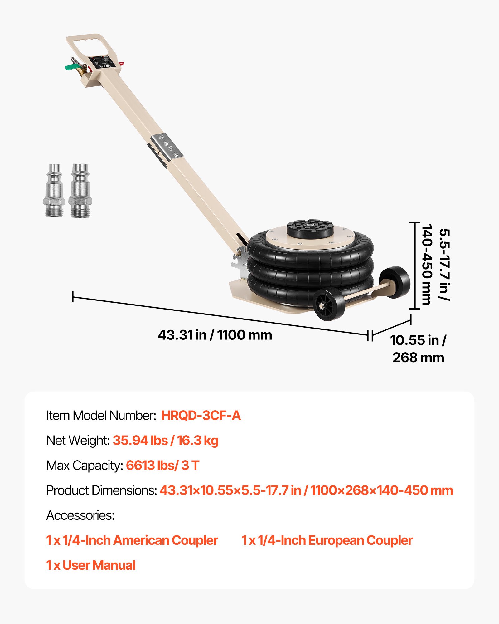 Podnośnik pneumatyczny VEVOR o udźwigu 3 ton z 6 stalowymi rurami i regulowanym uchwytem, ​​wysokość podnoszenia 140–450 mm, szybkie podnoszenie, podnośnik pneumatyczny do samochodów osobowych, SUV-ów i pickupów
