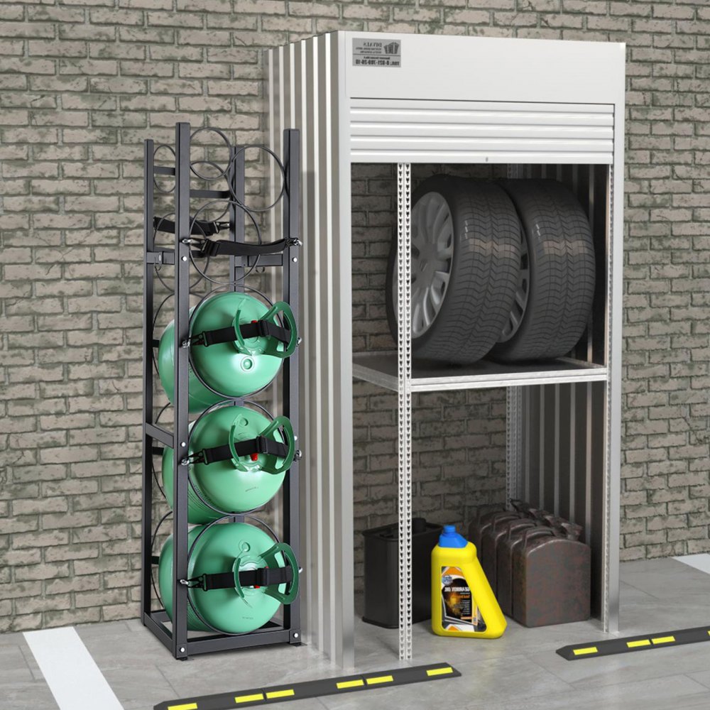 Stojak na zbiorniki czynnika chłodniczego VEVOR z 3 zbiornikami o pojemności 30 funtów i 3 dodatkowymi małymi butlami, stojak na zbiorniki butli 12,79 x 12,99 x 47,12 cala, stojak na butle z czynnikiem chłodniczym i uchwyty na freon, gazy, tlen