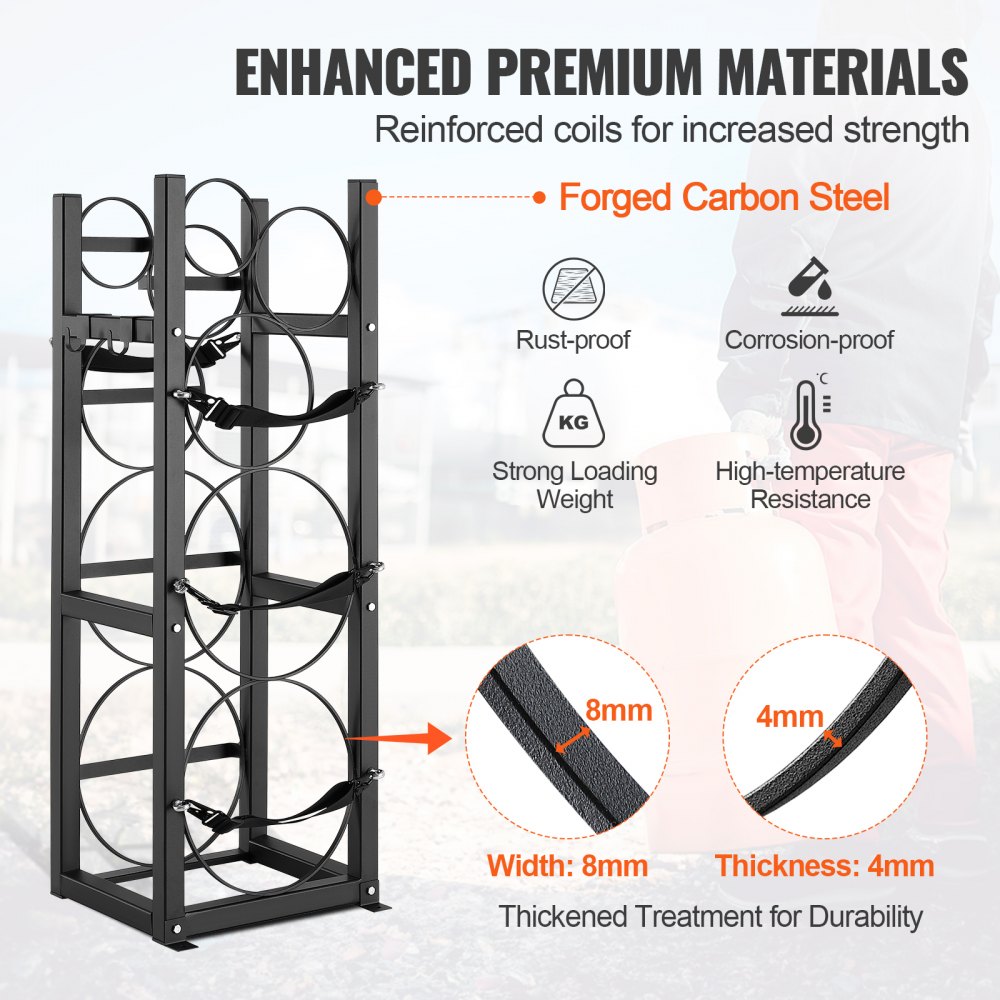 VEVOR refrigerant tank rack, with 2 x 30 lbs and 3 additional small bottle tanks, cylinder tank rack 12.79 x 12.99 x 47.12 inches, refrigerant cylinder rack and brackets for Freon, gases
