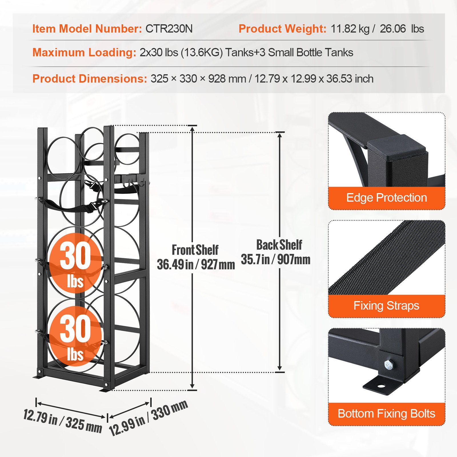 VEVOR refrigerant tank rack, with 2 x 30 lbs and 3 additional small bottle tanks, cylinder tank rack 12.79 x 12.99 x 47.12 inches, refrigerant cylinder rack and brackets for Freon, gases