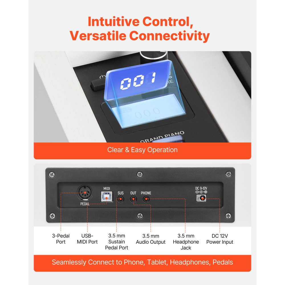 Pianino cyfrowe VEVOR z wagą, 88 klawiszy, w pełni ważone, klawiatura pianina elektrycznego ze stojakiem, zasilacz sieciowy, potrójny pedał, funkcja nagrywania, 280 nut, połączenie bezprzewodowe, dla początkujących, kolor biały
