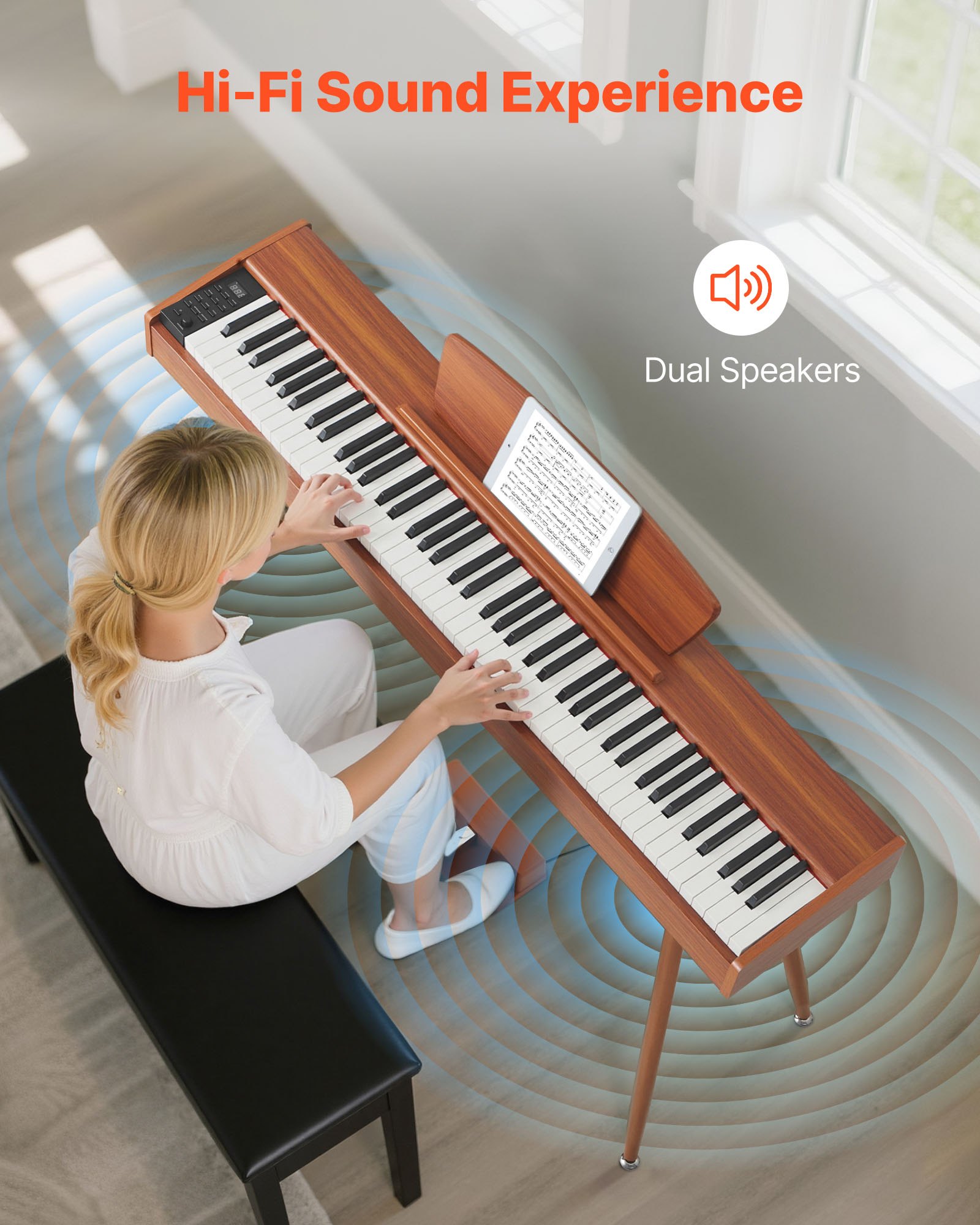 Cyfrowe pianino VEVOR, 88 klawiszy, w pełni ważona, czuła na dotyk klawiatura pianina elektrycznego z pulpitem na nuty, potrójny pedał, zasilacz, 280 nut, obsługuje połączenie bezprzewodowe, dla początkujących, kolor drewna