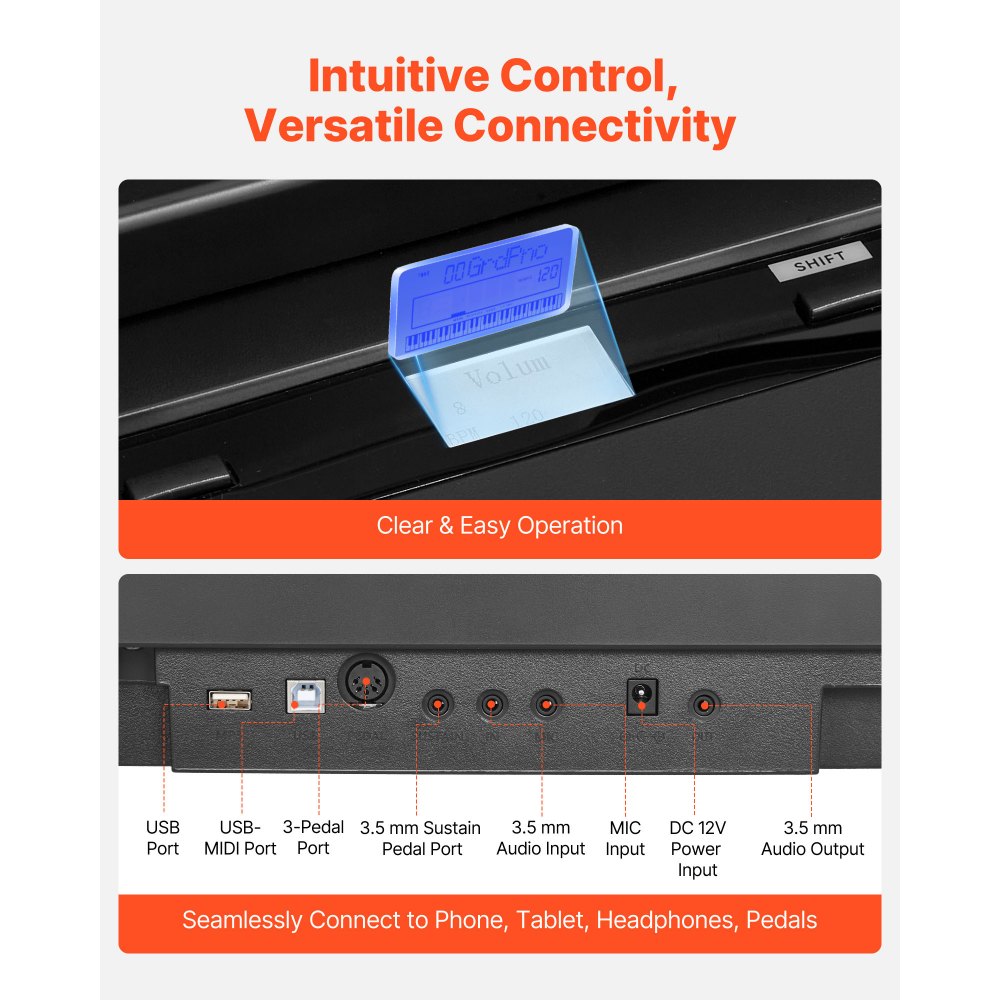 Pianino cyfrowe VEVOR, 88 klawiszy w pełni ważonych, pianino elektryczne z podwójną klawiaturą i głośnikami, ze stojakiem X-Stand, pedałem podtrzymującym, funkcją nagrywania, 280 nut, połączenie bezprzewodowe, dla początkujących, kolor czarny