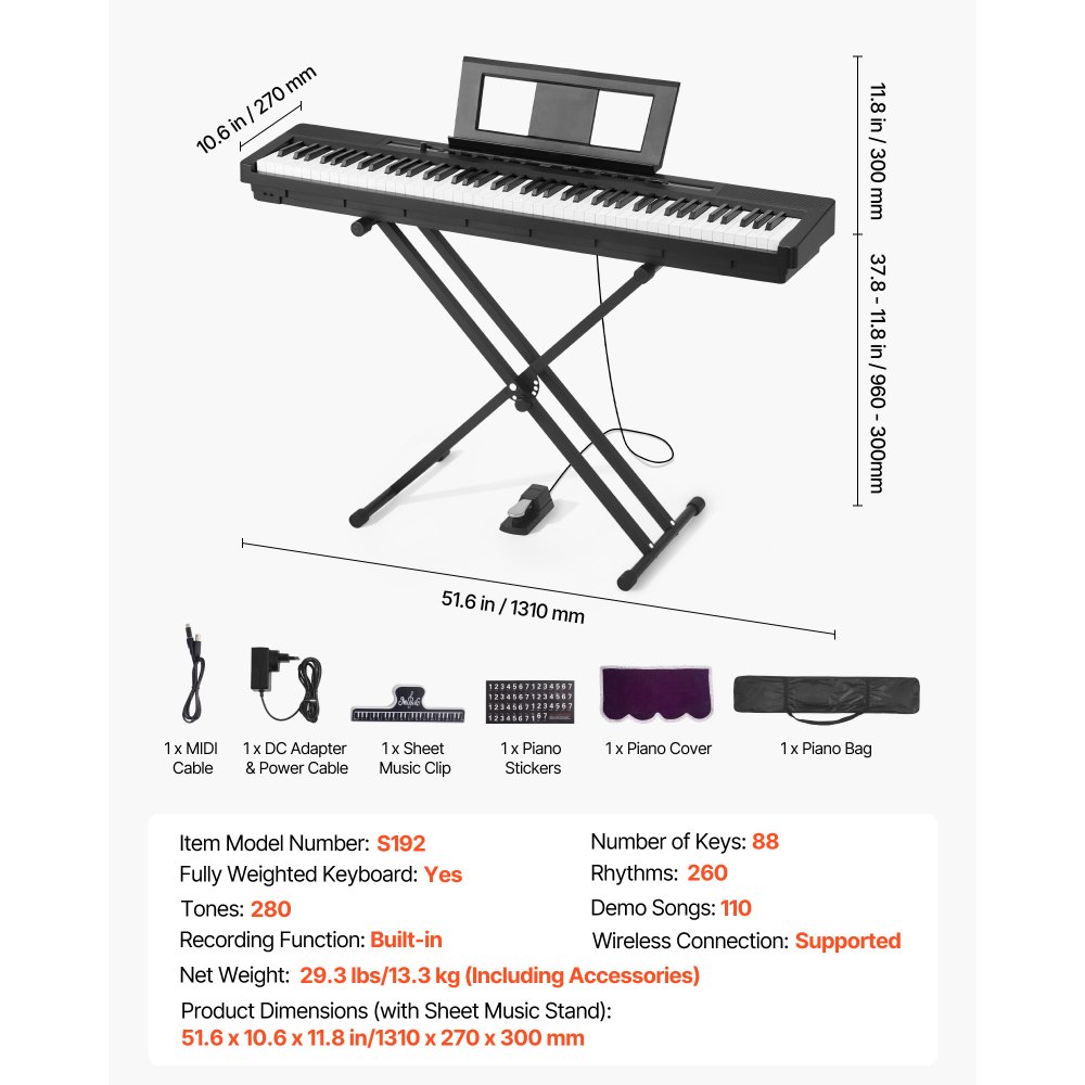 Pianino cyfrowe VEVOR, 88 klawiszy w pełni ważonych, pianino elektryczne z podwójną klawiaturą i głośnikami, ze stojakiem X-Stand, pedałem podtrzymującym, funkcją nagrywania, 280 nut, połączenie bezprzewodowe, dla początkujących, kolor czarny