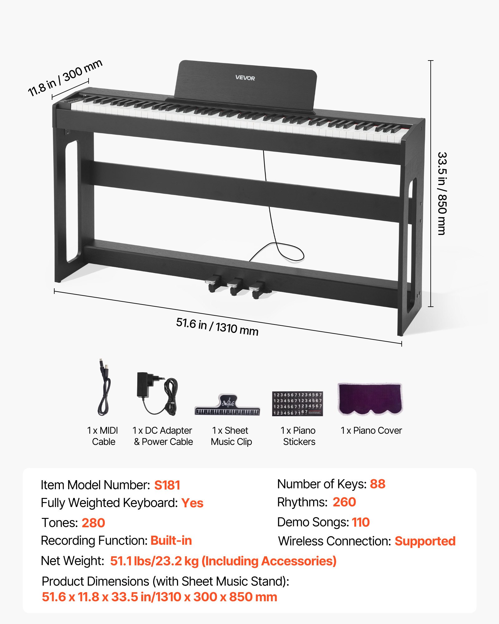 VEVOR Weighted Digital Piano, 88 Keys Fully Weighted, Electric Piano Keyboard with Furniture Stand, Power Adapter, Triple Pedal, Record Function, 280 Tones, Wireless Connection, for Beginners, Black