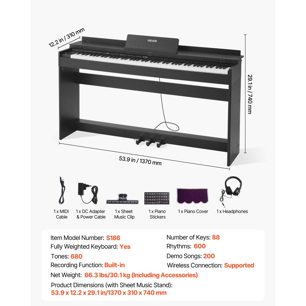 VEVOR Weighted Digital Piano, 88 Keys Fully Weighted, Electric Piano Keyboard with Furniture Stand, Power Adapter, Triple Pedal, 680 Tones, Support Wireless Connection, with Headphones, for Beginners