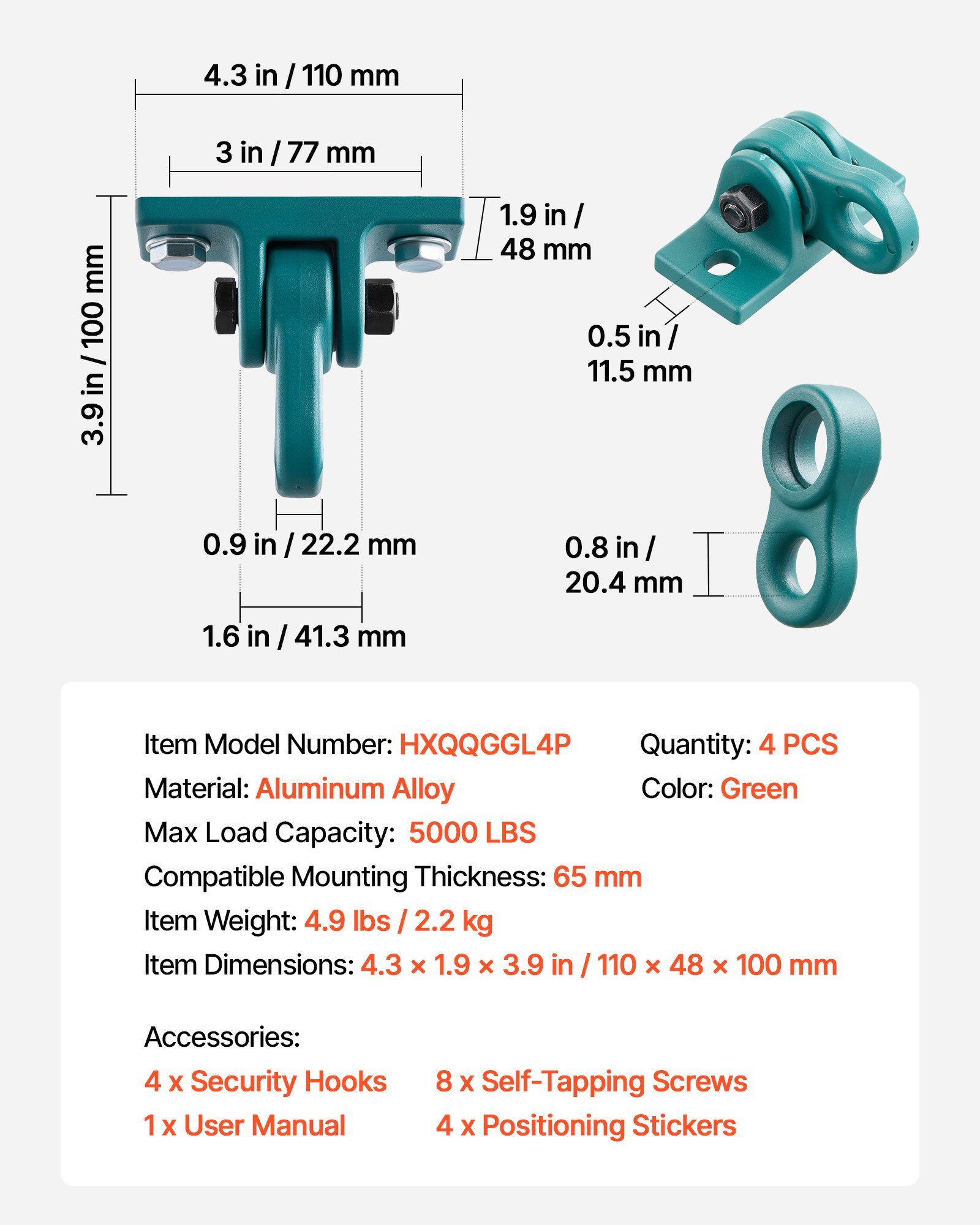 VEVOR Swing Hangers, 4 Pack Heavy Duty Swing Brackets, 2268 kg Capacity, Screws Bolts Included, Smooth Dual Bearing, Aluminum Alloy Hangers, for Playground Porch Yoga Chair Wooden Indoor Outdoor