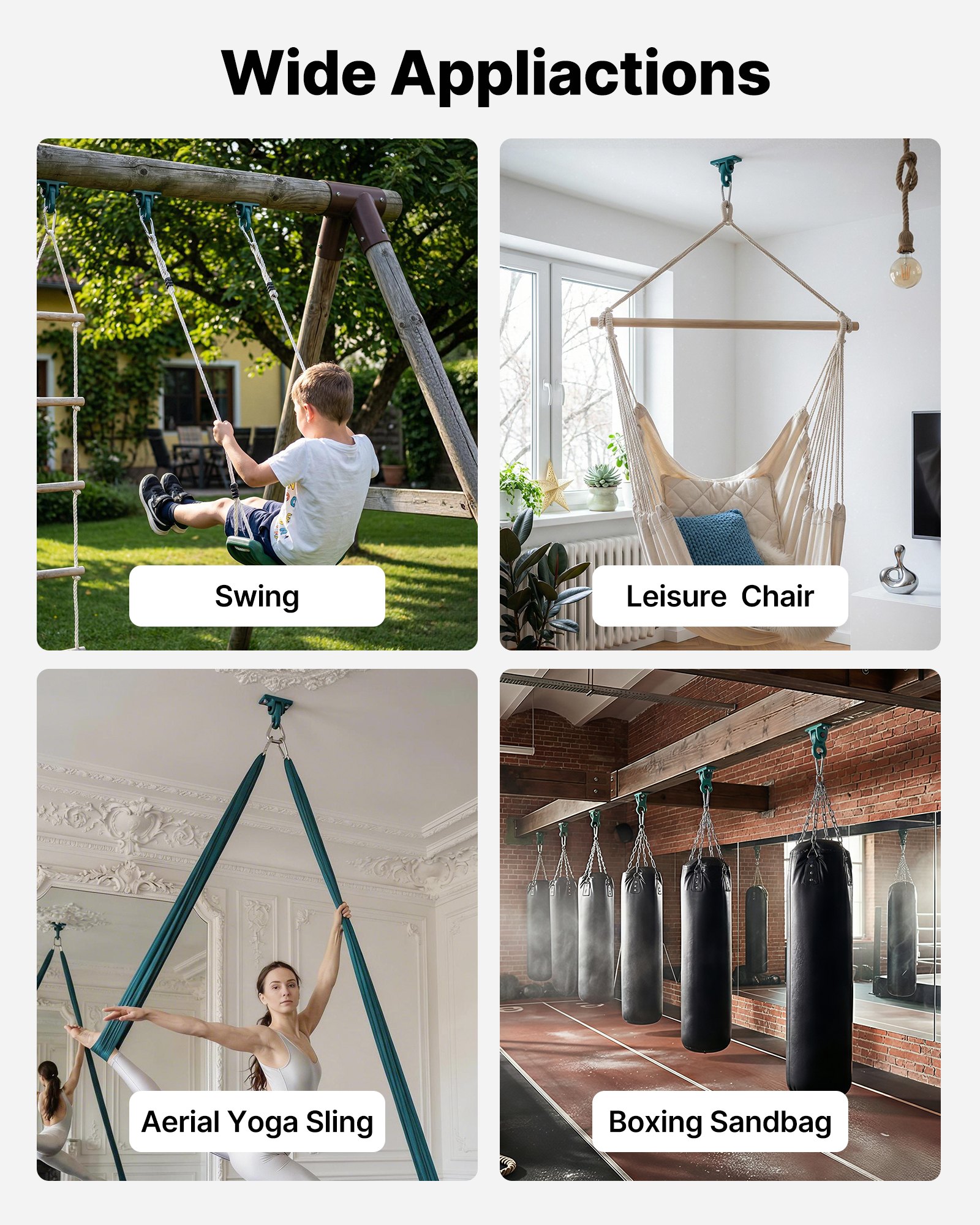 VEVOR Swing Hangers, 4 Pack Heavy Duty Swing Brackets, 2268 kg Capacity, Screws Bolts Included, Smooth Dual Bearing, Aluminum Alloy Hangers, for Playground Porch Yoga Chair Wooden Indoor Outdoor