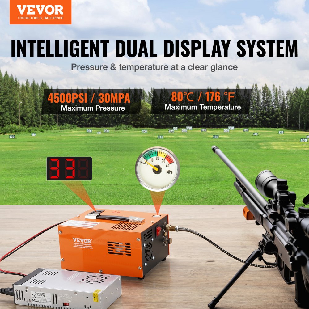 VEVOR PCP Compressor 30MPa/4500 PSI Air Compressor 0.5L Portable PCP DC12V & AC115V Compressor 25min Duty Cycle Air Pump High-Performance Converter High-Pressure Pump Airgun Rifle