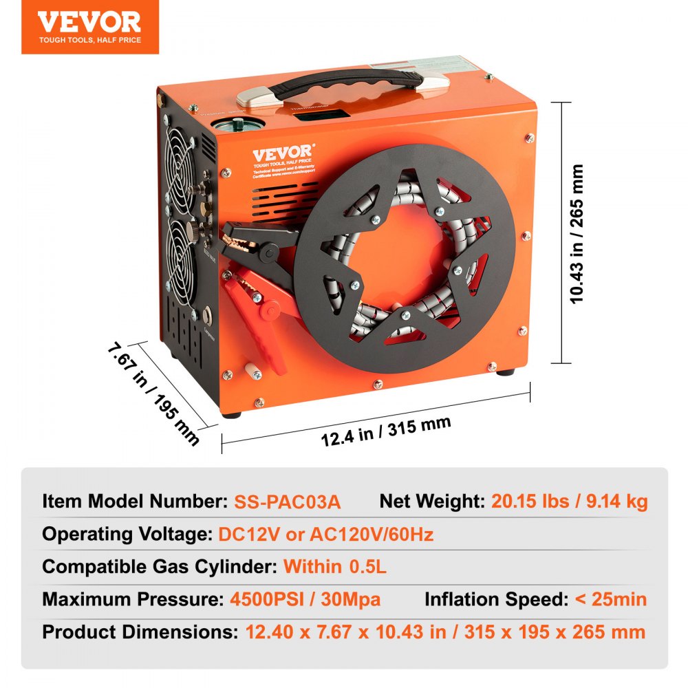 Kompresor powietrza VEVOR PCP 30Mpa/4500PSI, przenośny kompresor PCP 0,5L, DC12V i AC120V, pompa powietrza o cyklu pracy 25 min, konwerter dużej mocy 600 W, pompa wysokociśnieniowa, wiatrówka, karabin