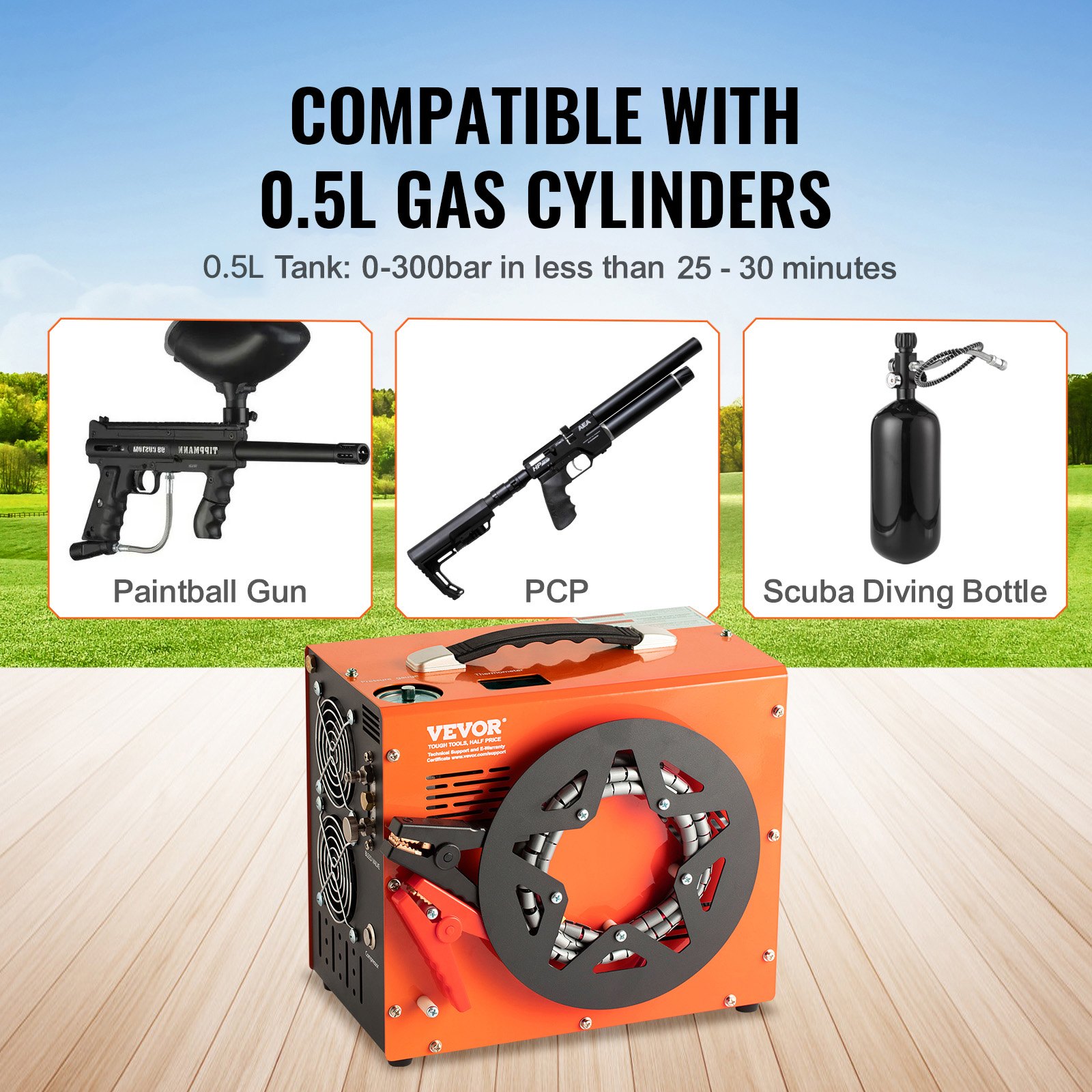 Kompresor powietrza VEVOR PCP 30Mpa/4500PSI, przenośny kompresor PCP 0,5L, DC12V i AC120V, pompa powietrza o cyklu pracy 25 min, konwerter dużej mocy 600 W, pompa wysokociśnieniowa, wiatrówka, karabin