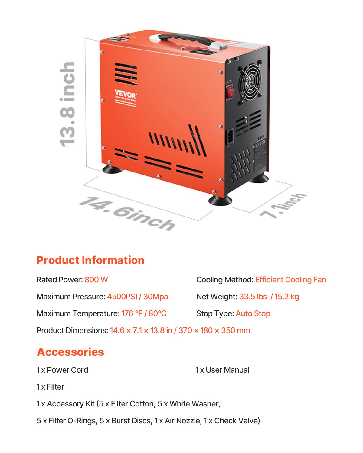 Kompresor powietrza VEVOR PCP, dwucylindrowy kompresor powietrza PCP o mocy 800 W do wiatrówek PCP, 310 barów/30 MPa, z wbudowanym wentylatorem i systemem chłodzenia, funkcją automatycznego zatrzymywania | Bezolejowy kompresor do paintballa, do wiatrówek i butli do nurkowania