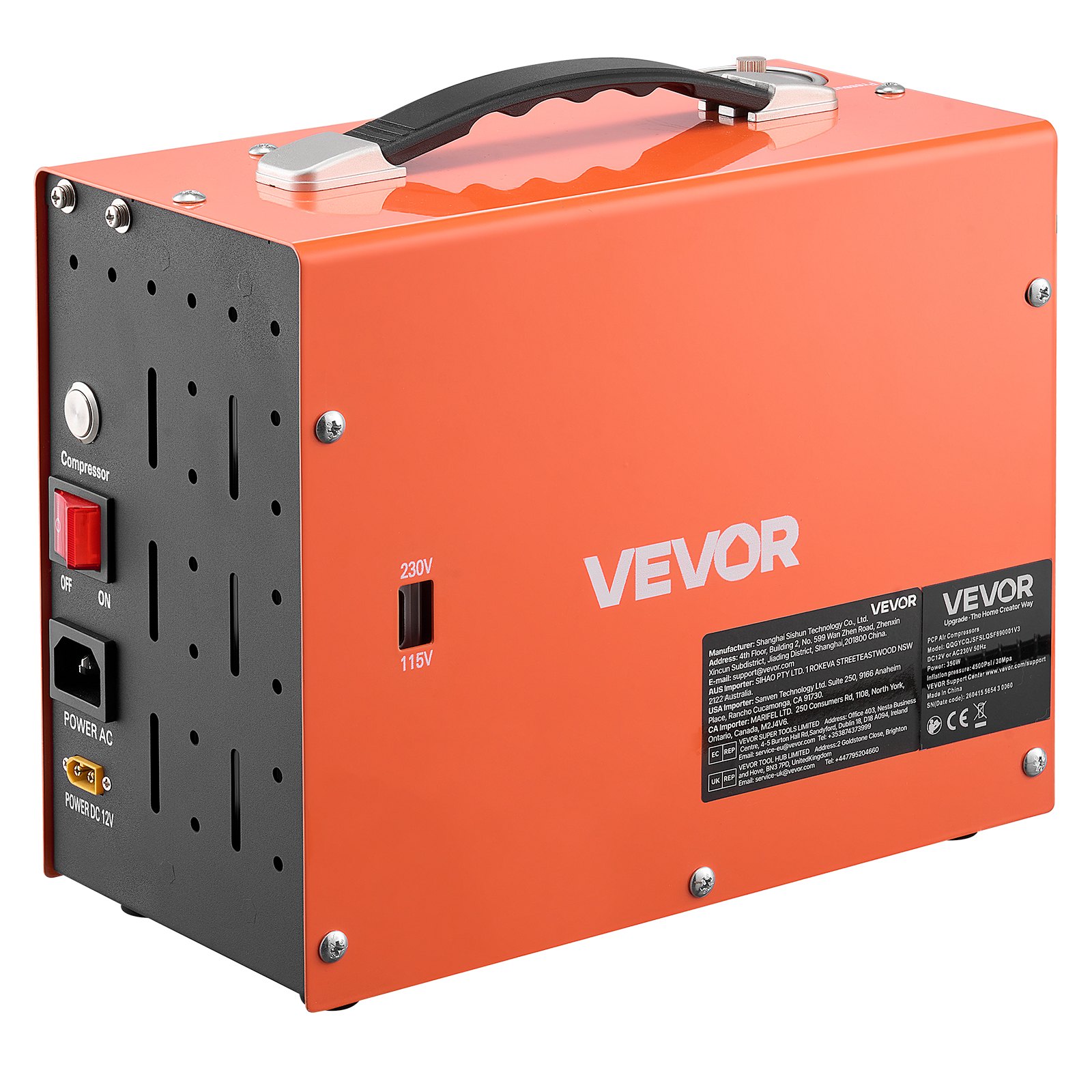 Kompresor powietrza VEVOR PCP 350 W do wiatrówek 300 bar DC 12 V AC 230 V, 4500 PSI 30 MPa, chłodzenie wentylatorem, automatyczne zatrzymanie, zintegrowany konwerter do użytku domowego i samochodowego, kompresor wysokociśnieniowy do pistoletów pneumatycznych i paintballa