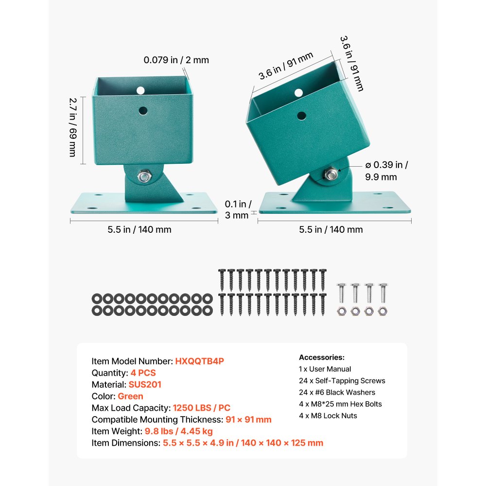 VEVOR Swing Set Brackets, 4 Pack Heavy Duty Swing Set Leveling Hardware, Fits 101.6 x 101.6 mm Post (Actual Size 91 x 91 mm), 45°-60° Angle Range, Stainless Steel Anchor Level Kit on Uneven Ground