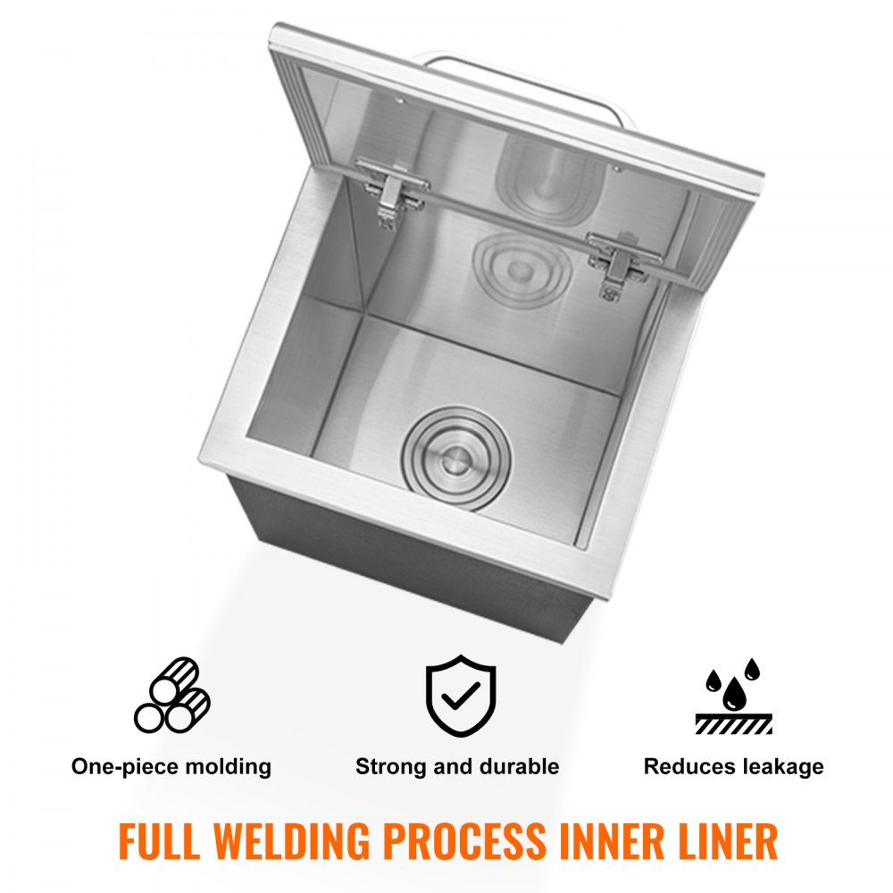 VEVOR Wpuszczana lodówka turystyczna ze stali nierdzewnej o pojemności 28,52 l, 355 x 305 x 461 mm, komercyjny pojemnik na lód z pokrywą na zawiasach, wbudowaną skrzynią do przechowywania lodu, rurą spustową i korkiem spustowym w zestawie