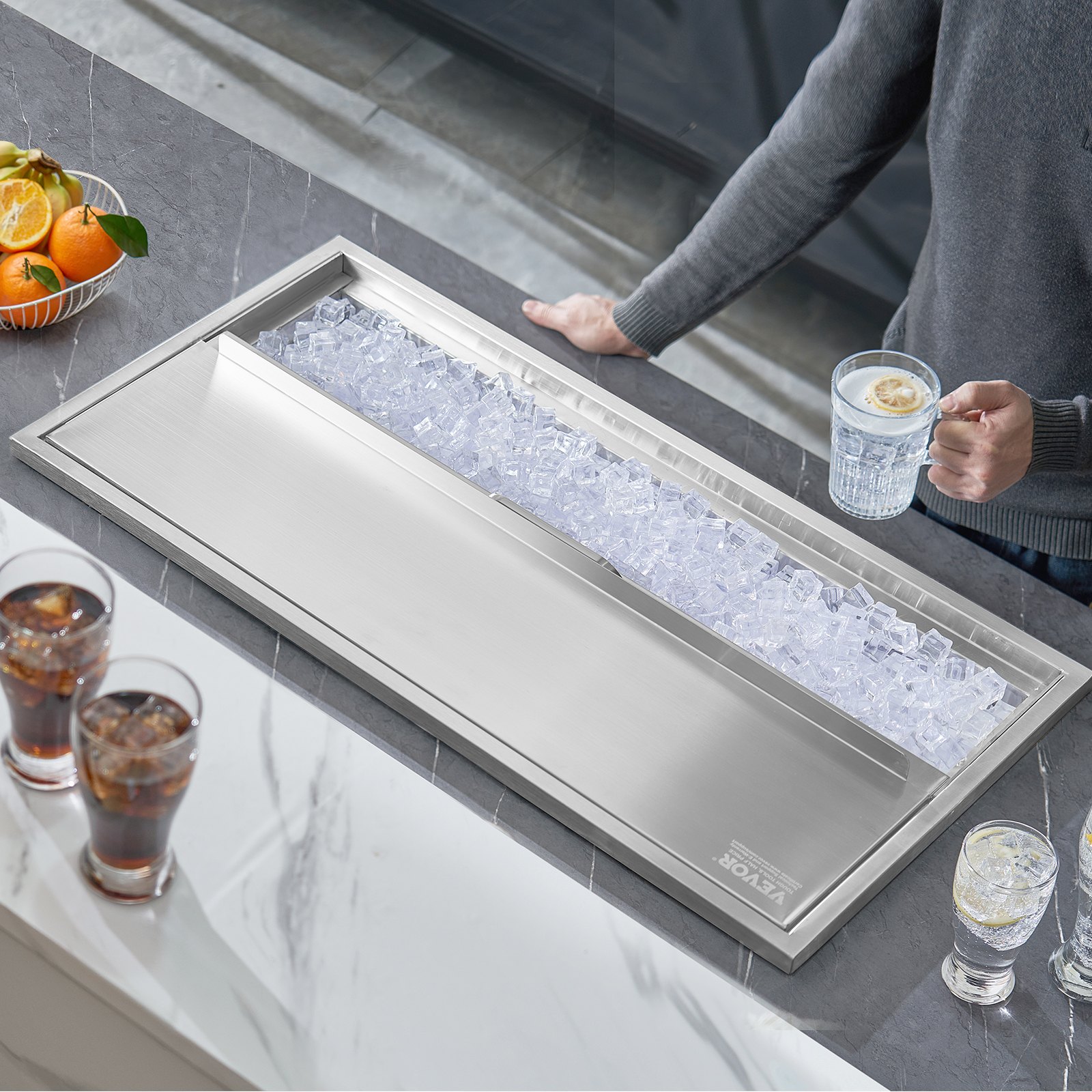 VEVOR 95,66 l Lodówka wpuszczana, 913 x 456 x 358 mm, stal nierdzewna, chłodziarka do lodu, komercyjny pojemnik na lód z przesuwaną pokrywą, wbudowana skrzynia do przechowywania lodu, rura spustowa i korek spustowy w zestawie