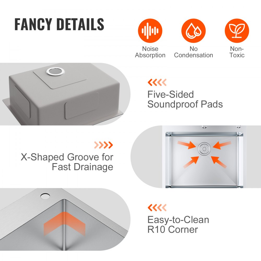 VEVOR 635 x 558 mm zlew kuchenny do zabudowy, zlew nablatowy z pojedynczą komorą i akcesoriami, zlewozmywak do domowych zmywarek do pracy, samochodu kempingowego, zlewozmywaka kuchennego i barowego