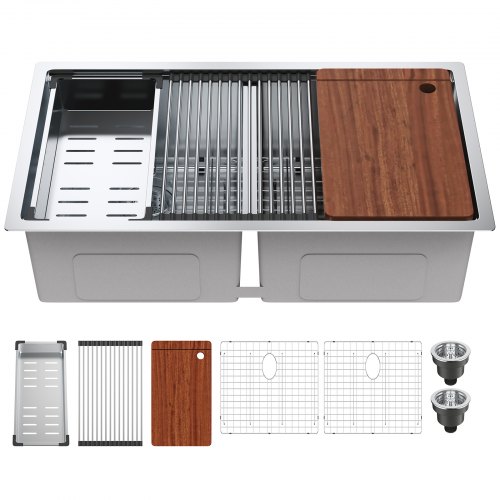 VEVOR 838 x 483 mm Zlew kuchenny Wbudowany zlew, podwójna komora z pojedynczą komorą i akcesoriami, Umywalka Zlew do zmywarki domowej do miejsca pracy, samochodu kempingowego, zlewu kuchennego i barowego