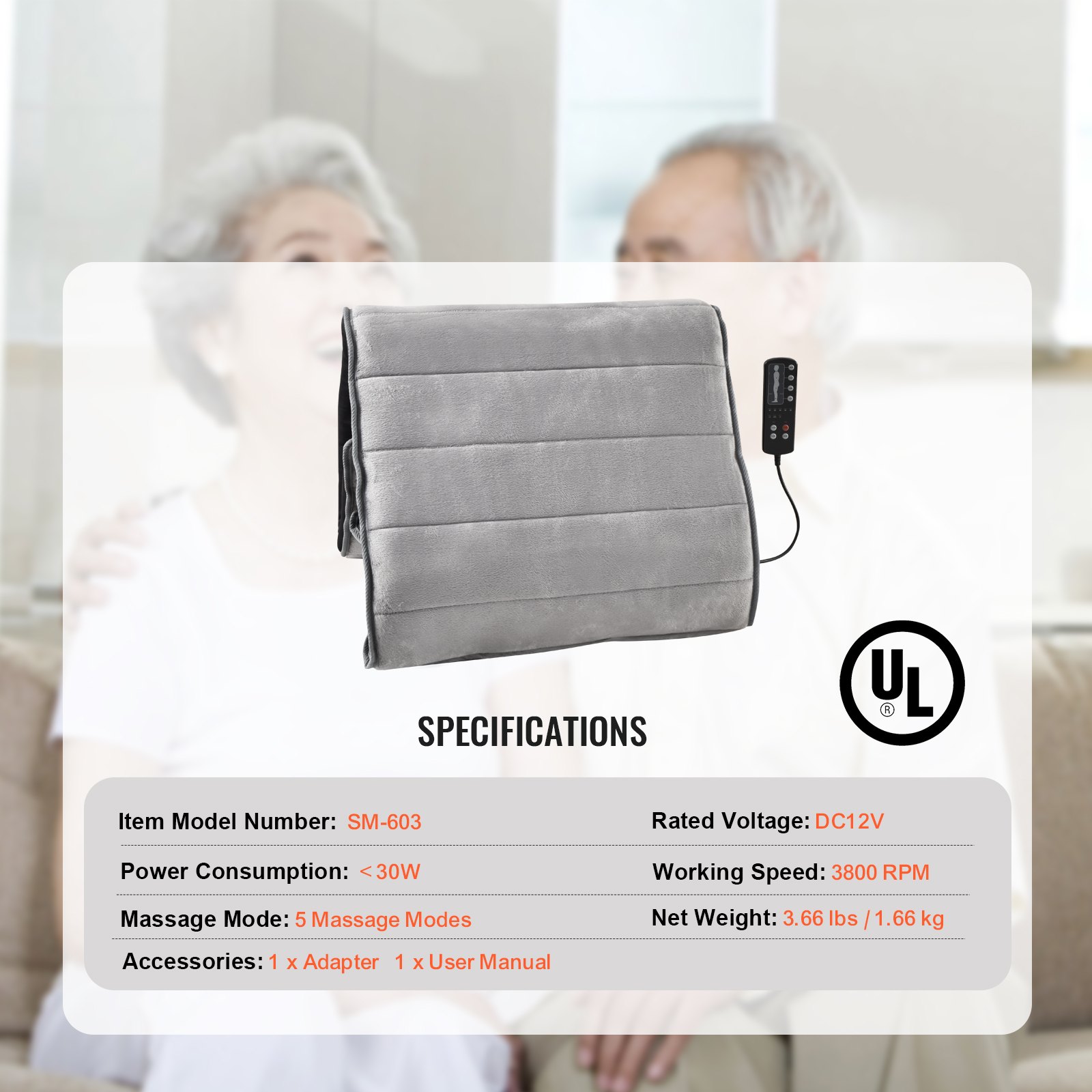 Poduszka do masażu całego ciała VEVOR z silnikiem wibracyjnym Heat 10, 5 trybów, 3 intensywności