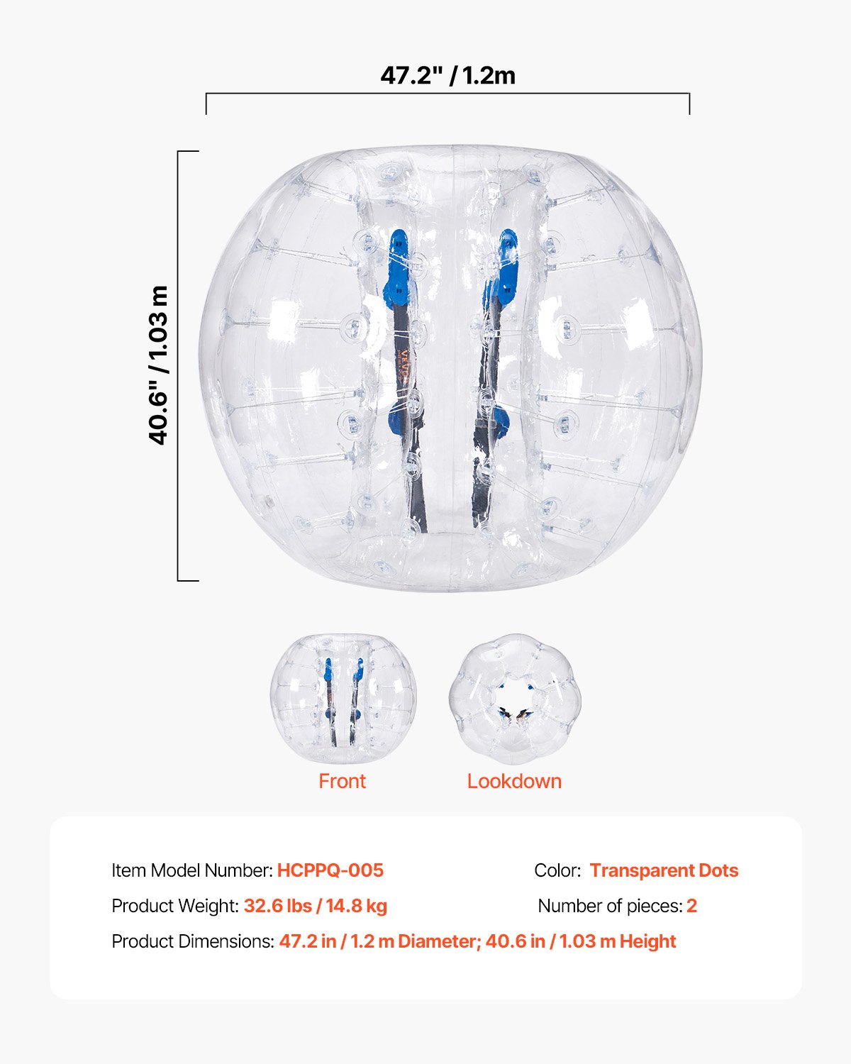 VEVOR Nadmuchiwane piłki Bumper Balls, zestaw 2 sztuk, 1,2 m kule Zorb Body dla nastolatków i dorosłych, 0,8 mm grubości PCV, kule bąbelkowe dla chomików, do gier zespołowych na świeżym powietrzu, gra Bumper Bopper