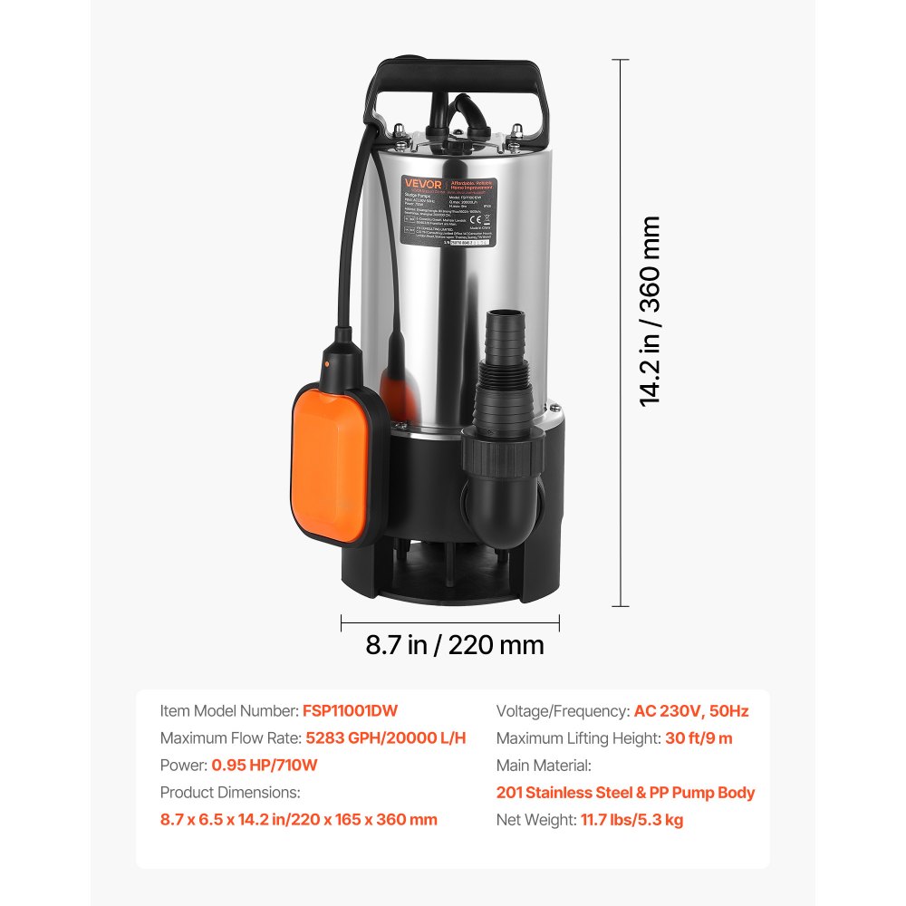 VEVOR 710W Submersible Sump Pump, 20000 L/H, Stainless Steel Submersible Sewage Dirty Clean Water Pump with Automatic Float Switch, Long Cord, 9M Max Lift, for Pools, Garden, Pond, Flooded Areas