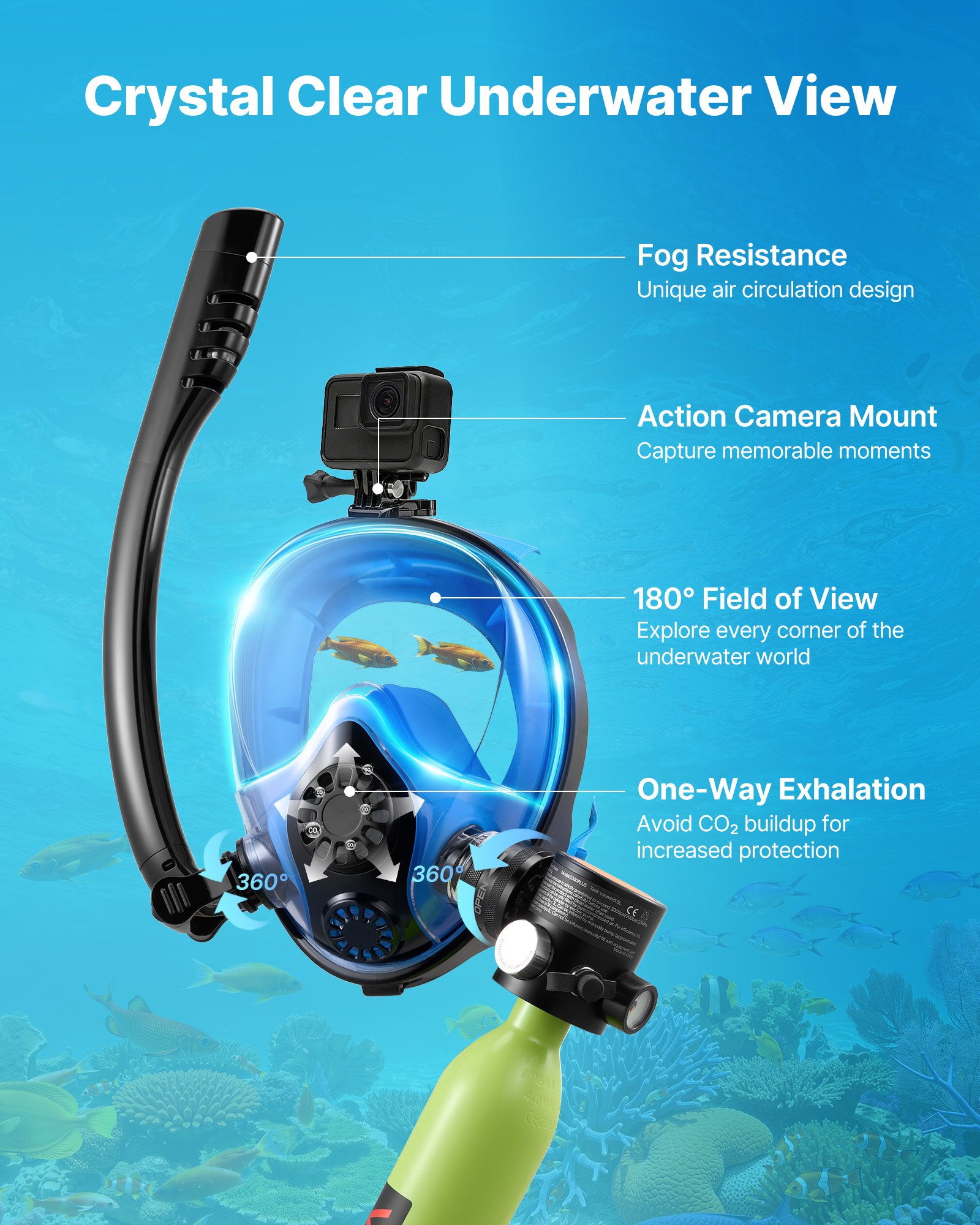 VEVOR Mini butla do nurkowania 0,5 l, przenośna butla płucna do oddychania pod wodą, wielokrotnego użytku butla tlenowa na maksymalnie 10 minut nurkowania, sprzęt do nurkowania z maską i pompką
