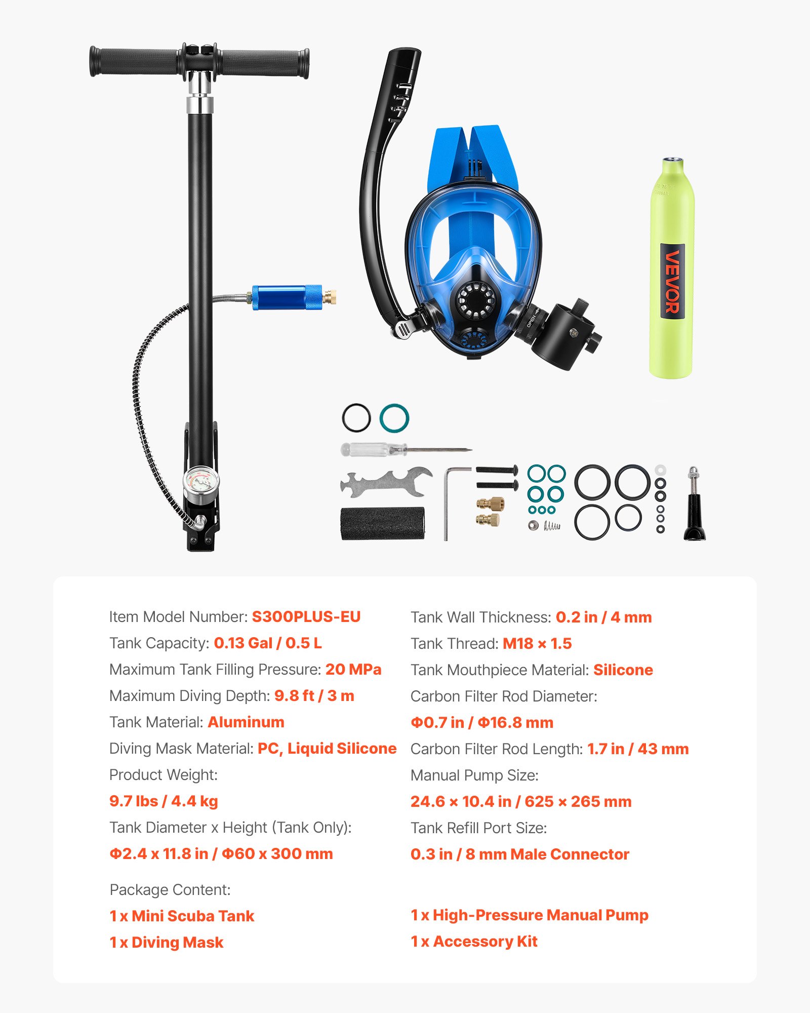 VEVOR Mini butla do nurkowania 0,5 l, przenośna butla płucna do oddychania pod wodą, wielokrotnego użytku butla tlenowa na maksymalnie 10 minut nurkowania, sprzęt do nurkowania z maską i pompką