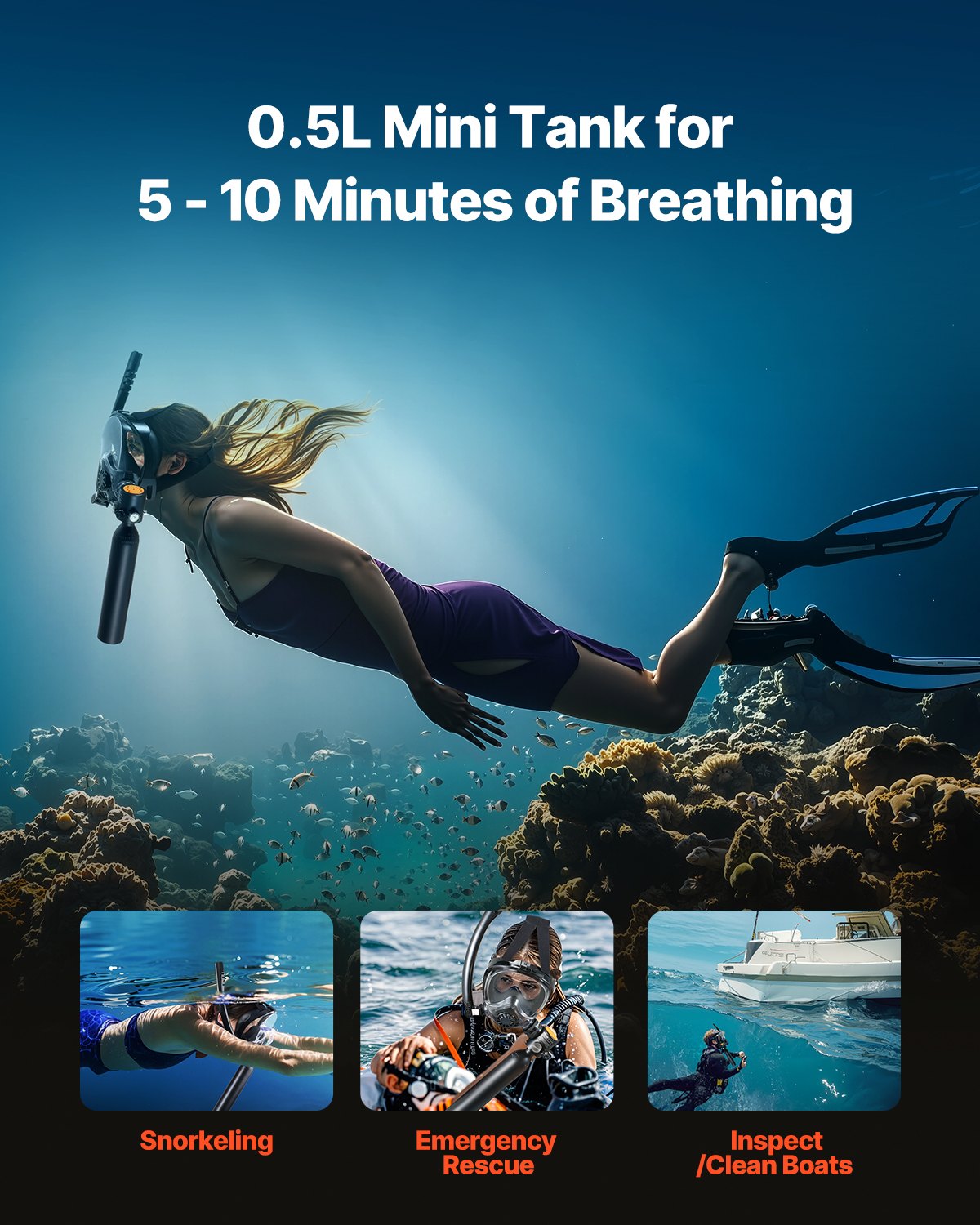 VEVOR Scuba Tank przenośny butla tlenowa do nurkowania, umożliwia 5-10 minut oddychania pod wodą, głębokość nurkowania 10 m, zestaw z butlą płucną i maską do nurkowania z rurką do eksploracji podwodnej