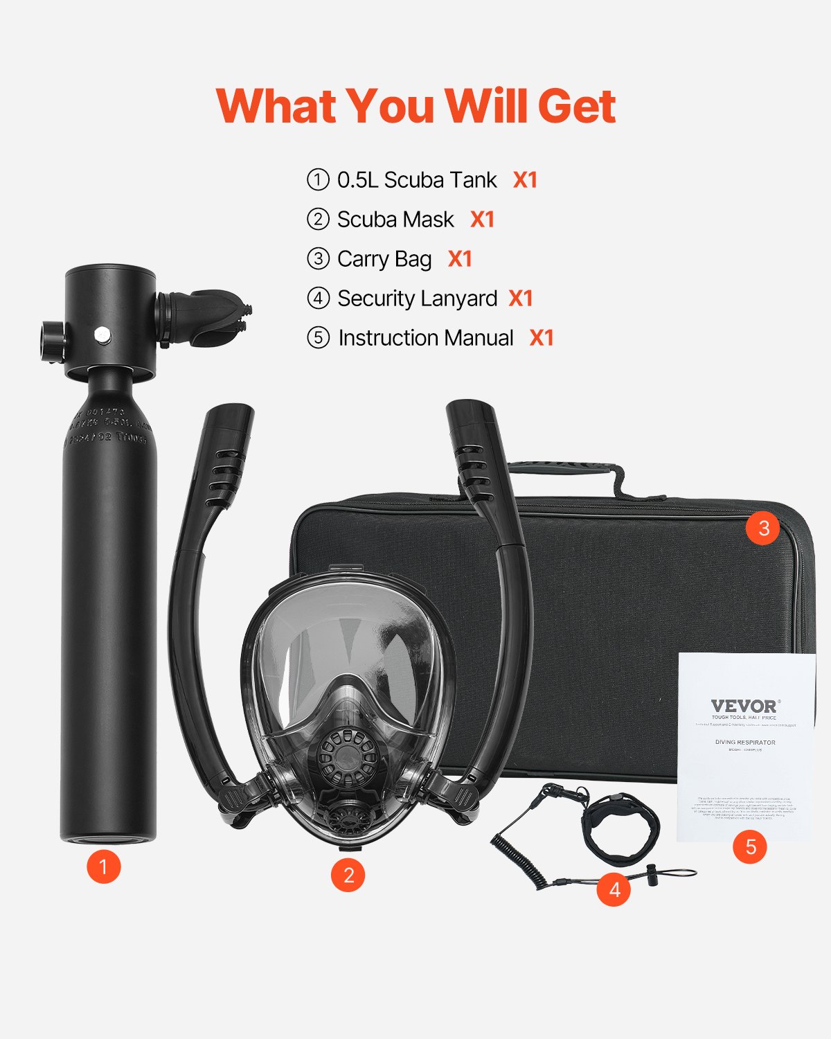 VEVOR Diving Cylinder Portable Diving Tank Oxygen Cylinder for Diving Supports 5-10 Minutes of Underwater Breathing, 10m Diving Depth, Lung Tank Set with Snorkel Mask for Underwater Exploration