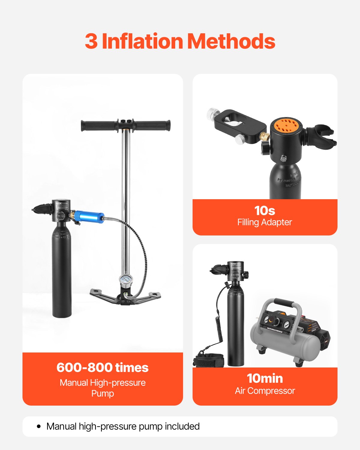 VEVOR 0,5 l butla tlenowa do nurkowania, przenośna, umożliwia 5-10 minut oddychania pod wodą, głębokość nurkowania 30 m, napełniany zbiornik powietrza do snorkelingu z pompką