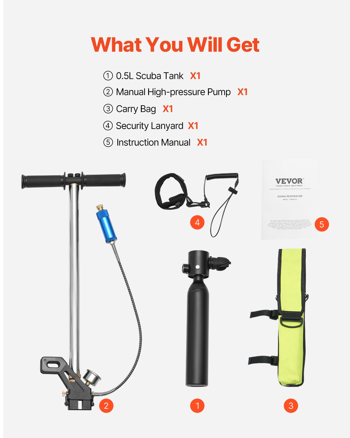 VEVOR 0,5 l butla tlenowa do nurkowania, przenośna, umożliwia 5-10 minut oddychania pod wodą, głębokość nurkowania 30 m, napełniany zbiornik powietrza do snorkelingu z pompką